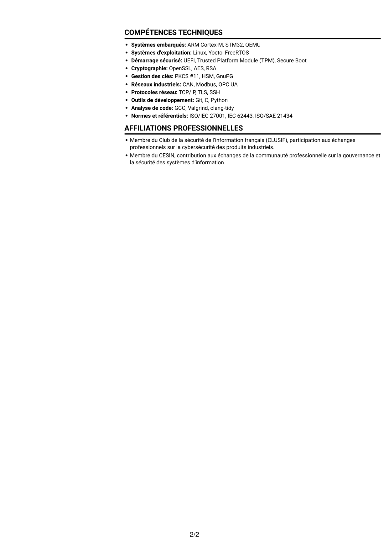 CV Compact (format sobre à deux colonnes avec photo) : Ingénieur junior en gouvernance cybersécurité - Systèmes embarqués, page 2