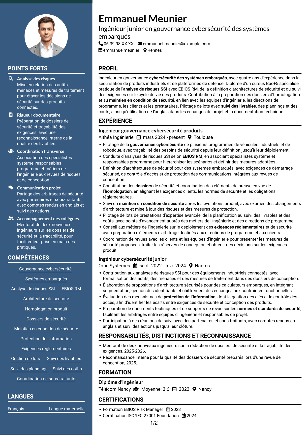 CV Élégant (format à colonne latérale colorée avec photo) : Ingénieur junior en gouvernance cybersécurité - Systèmes embarqués, page 1