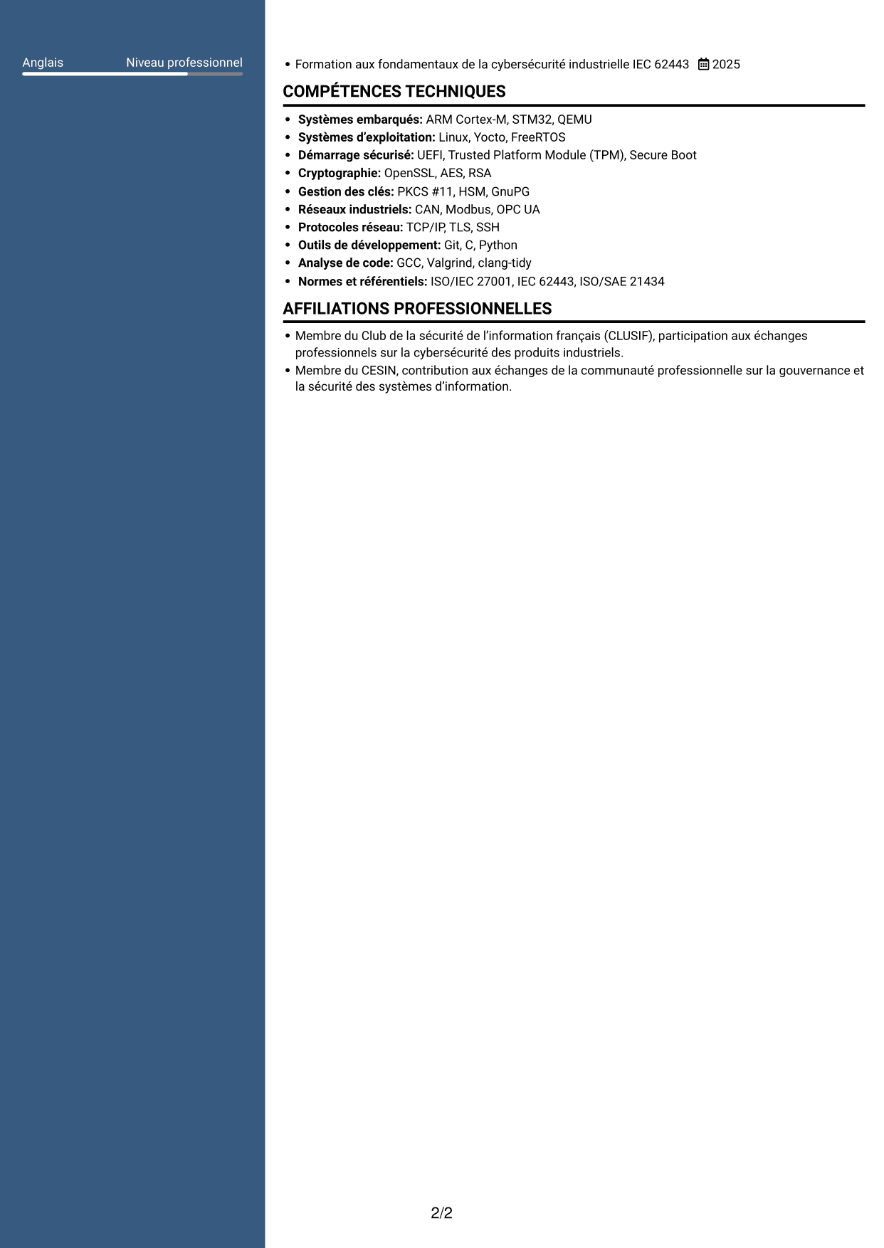 CV Élégant (format à colonne latérale colorée avec photo) : Ingénieur junior en gouvernance cybersécurité - Systèmes embarqués, page 2