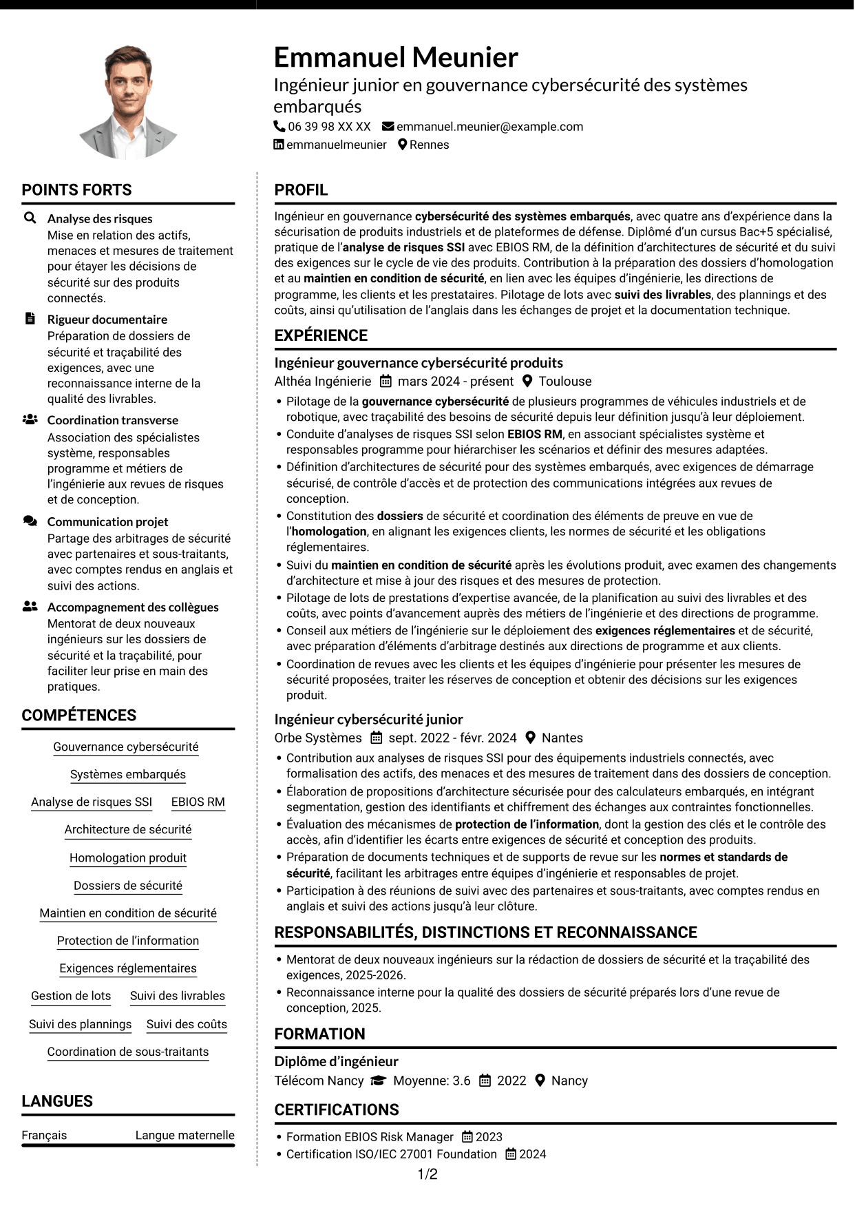 CV Moderne (format à deux colonnes avec photo à gauche et séparateur) : Ingénieur junior en gouvernance cybersécurité - Systèmes embarqués, page 1