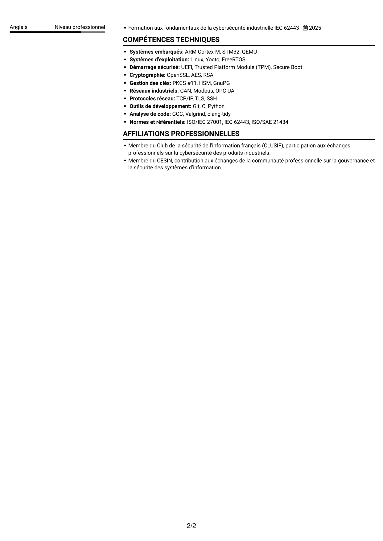 CV Moderne (format à deux colonnes avec photo à gauche et séparateur) : Ingénieur junior en gouvernance cybersécurité - Systèmes embarqués, page 2