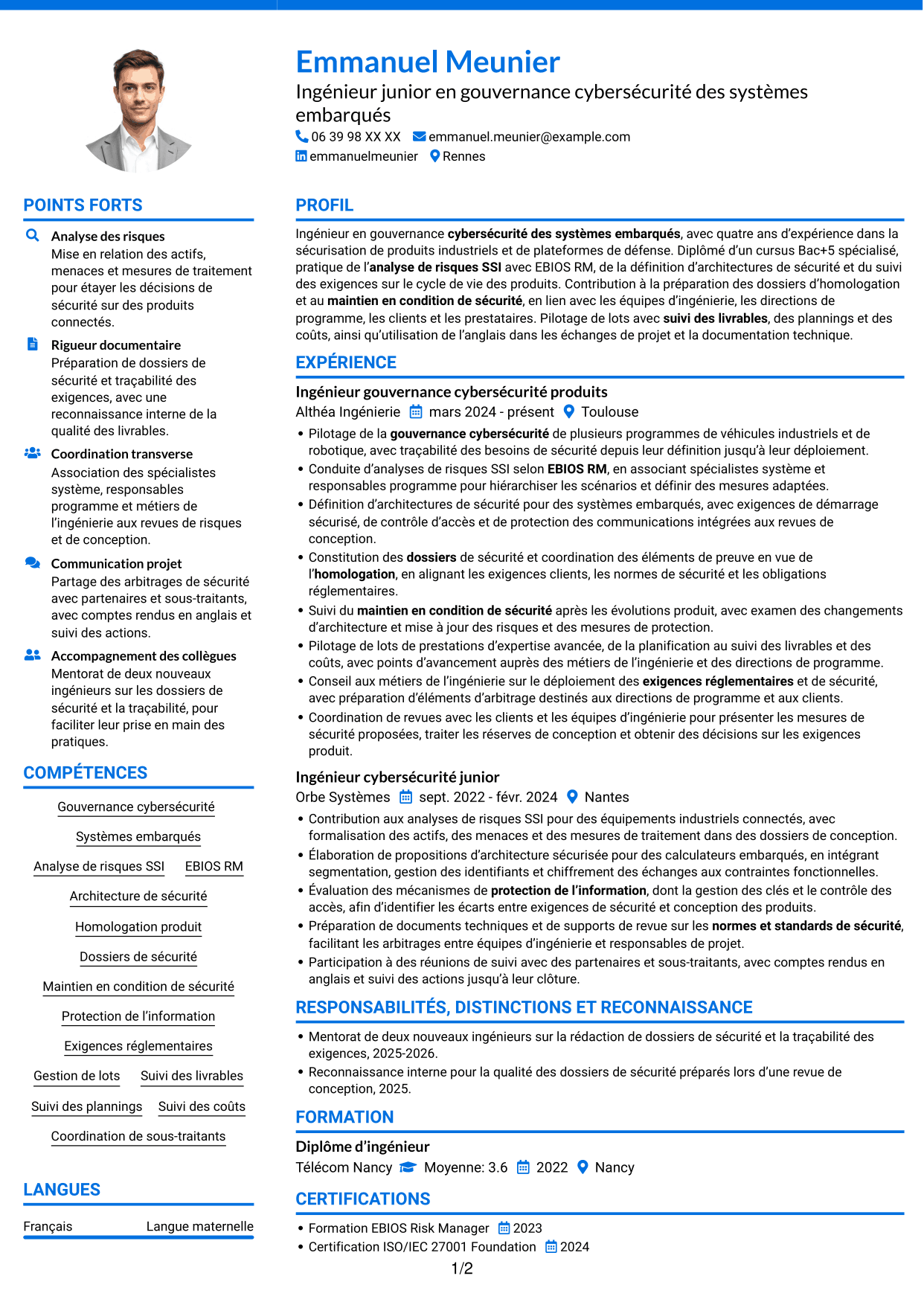 CV Audacieux (format à deux colonnes avec accents colorés et photo) : Ingénieur junior en gouvernance cybersécurité - Systèmes embarqués, page 1