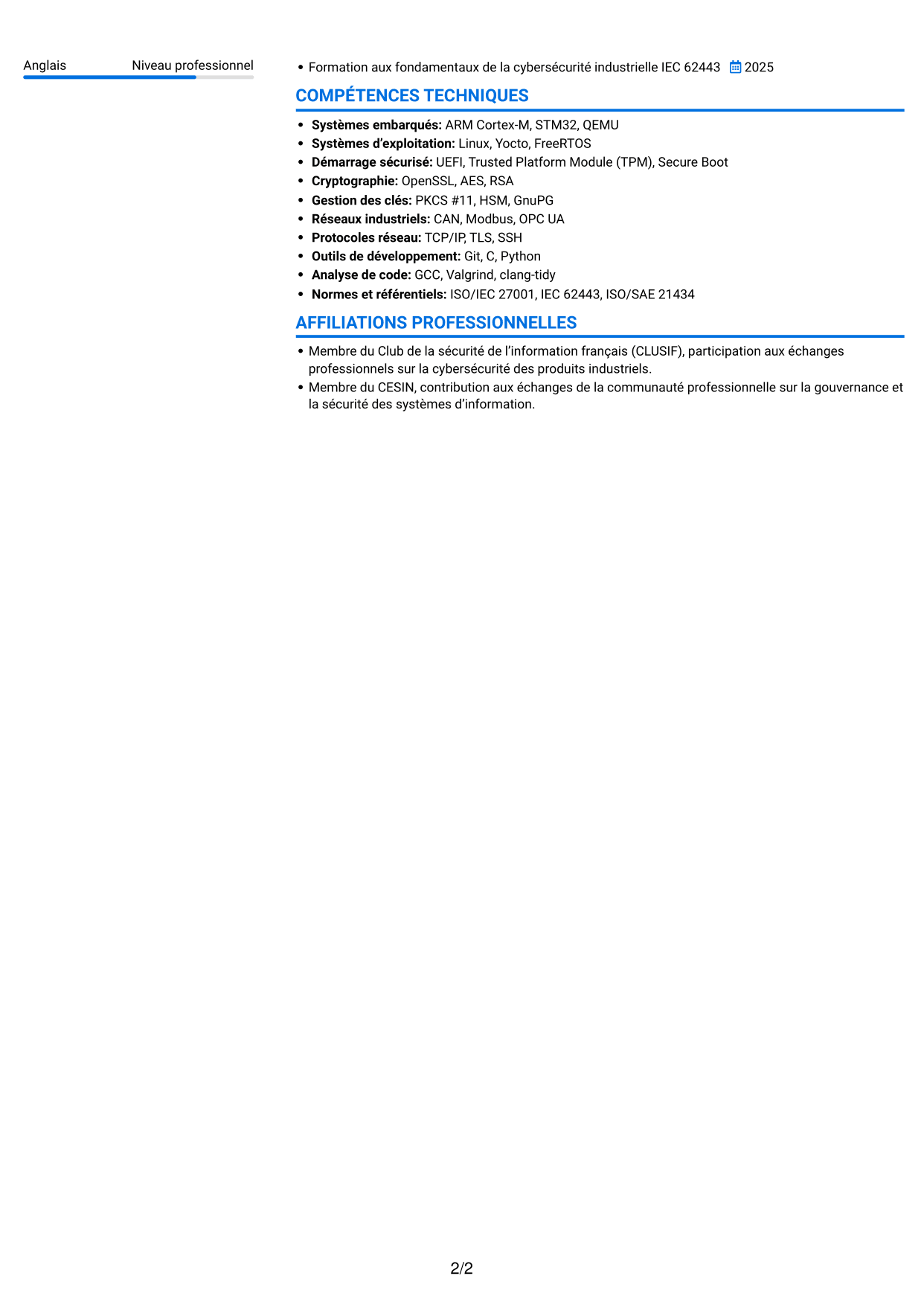 CV Audacieux (format à deux colonnes avec accents colorés et photo) : Ingénieur junior en gouvernance cybersécurité - Systèmes embarqués, page 2
