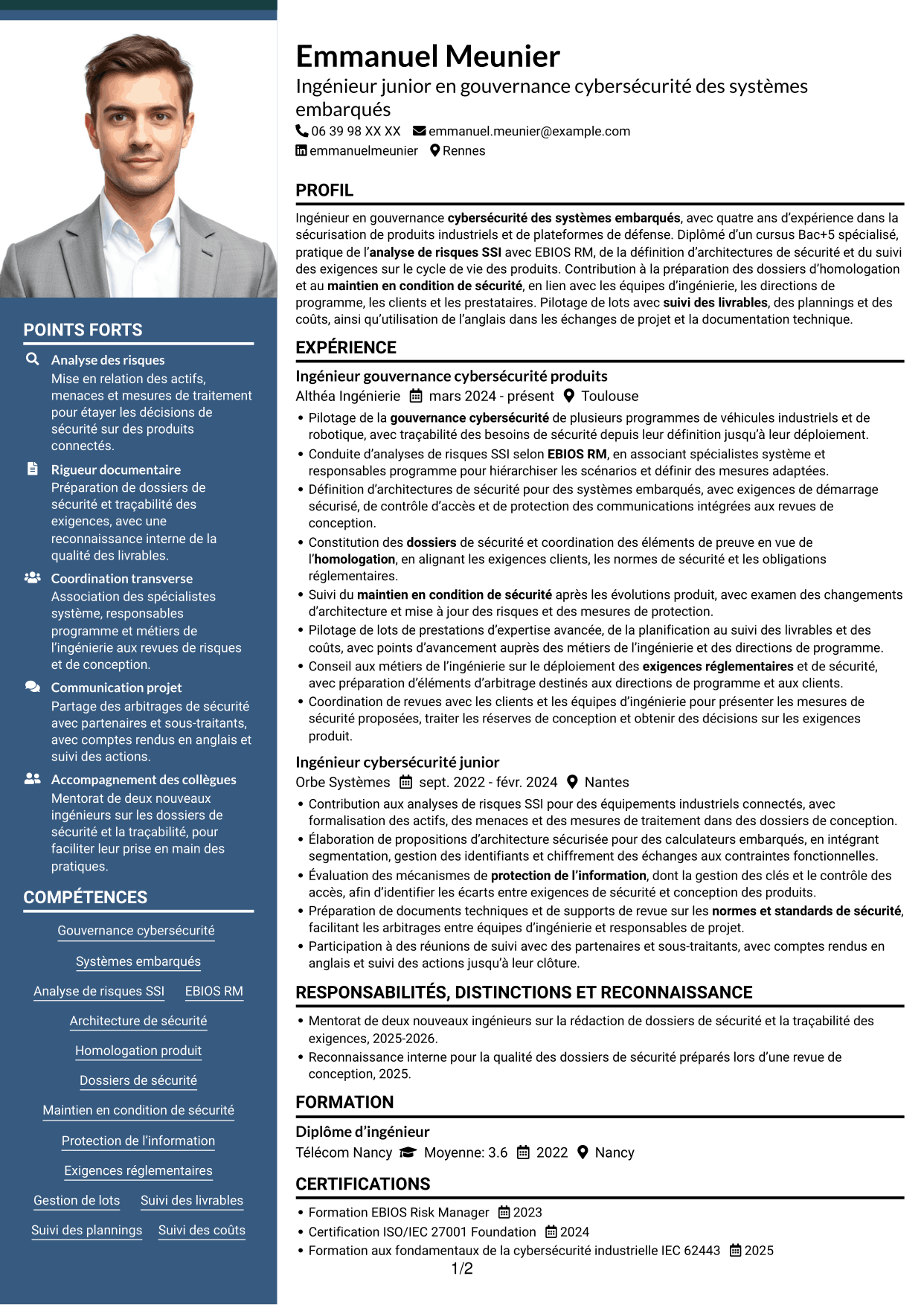 CV Signature (format à colonne latérale colorée avec grande photo) : Ingénieur junior en gouvernance cybersécurité - Systèmes embarqués, page 1