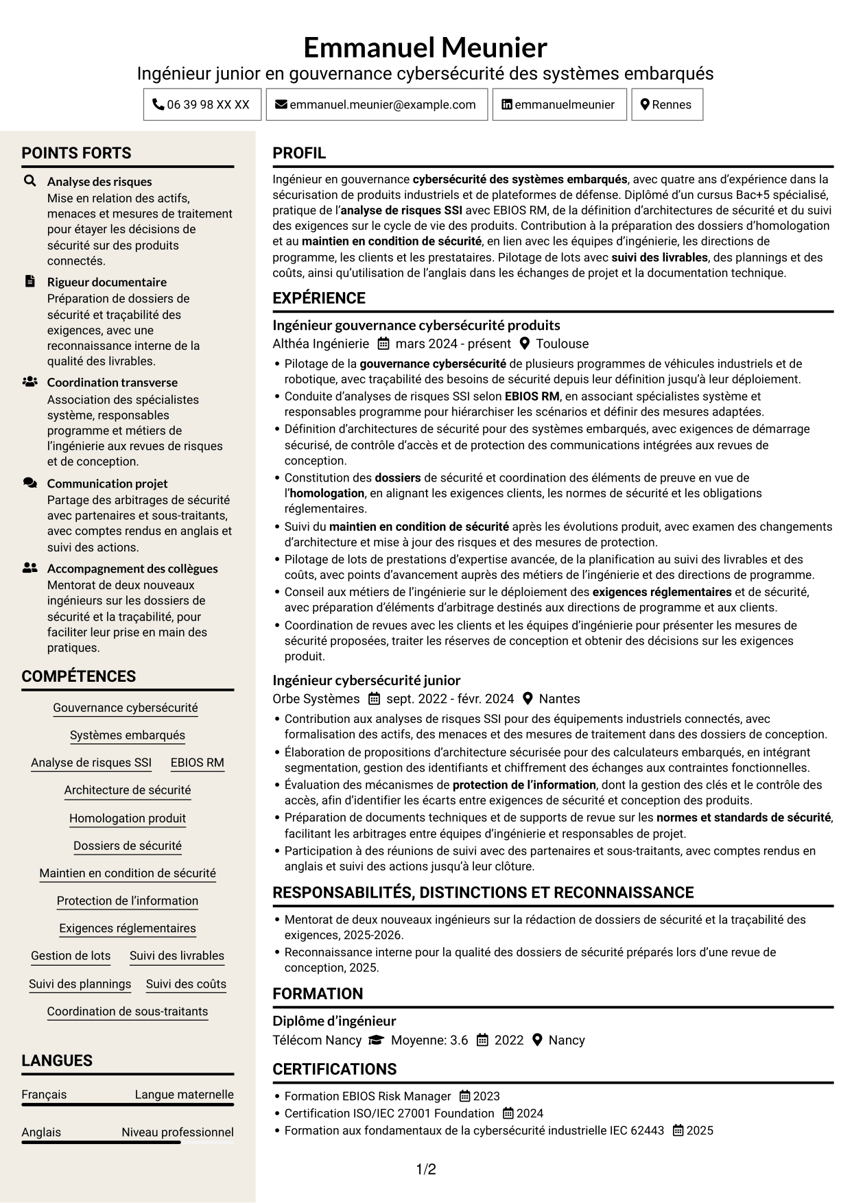 CV Fonceur (format à deux colonnes avec en-tête centré sans photo) : Ingénieur junior en gouvernance cybersécurité - Systèmes embarqués, page 1