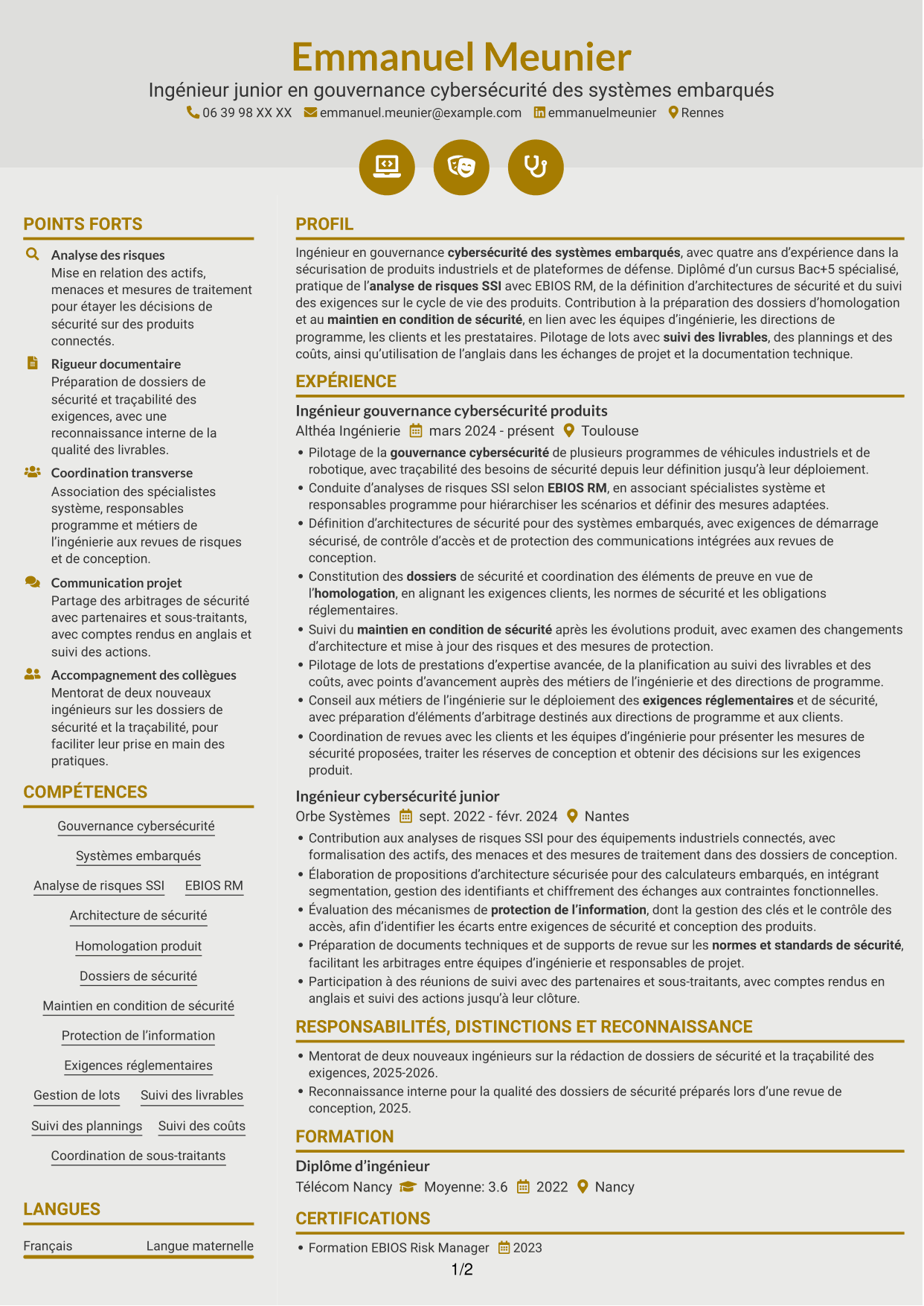 CV Dynamique (format à deux colonnes avec icônes) : Ingénieur junior en gouvernance cybersécurité - Systèmes embarqués, page 1