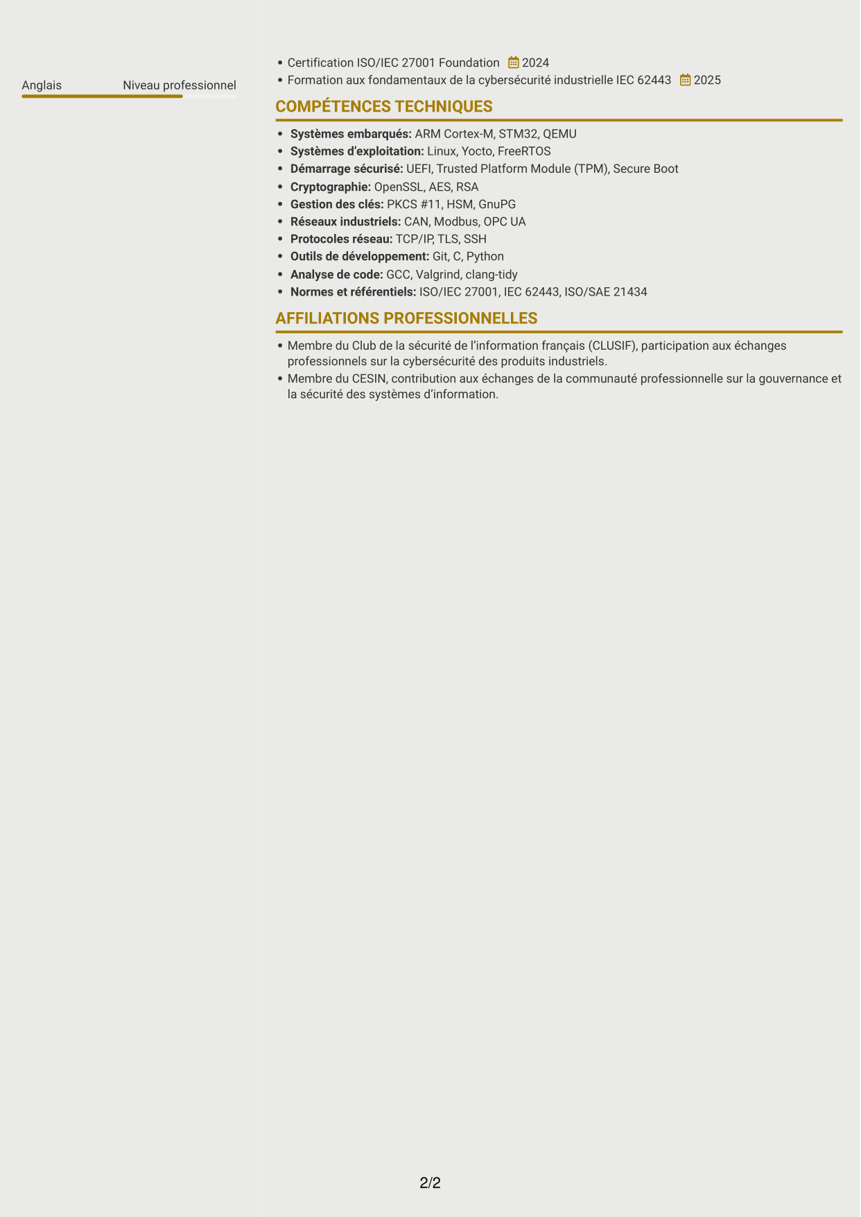 CV Dynamique (format à deux colonnes avec icônes) : Ingénieur junior en gouvernance cybersécurité - Systèmes embarqués, page 2
