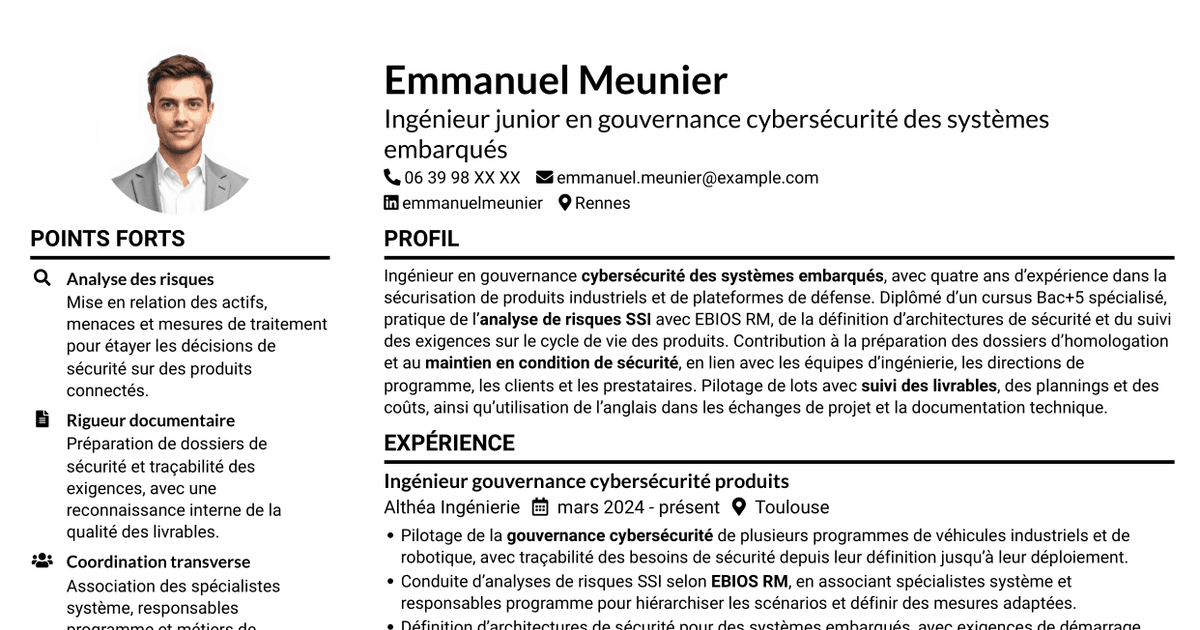 7 modèles de CV pour Ingénieur junior en gouvernance cybersécurité - Systèmes embarqués, avec exemples