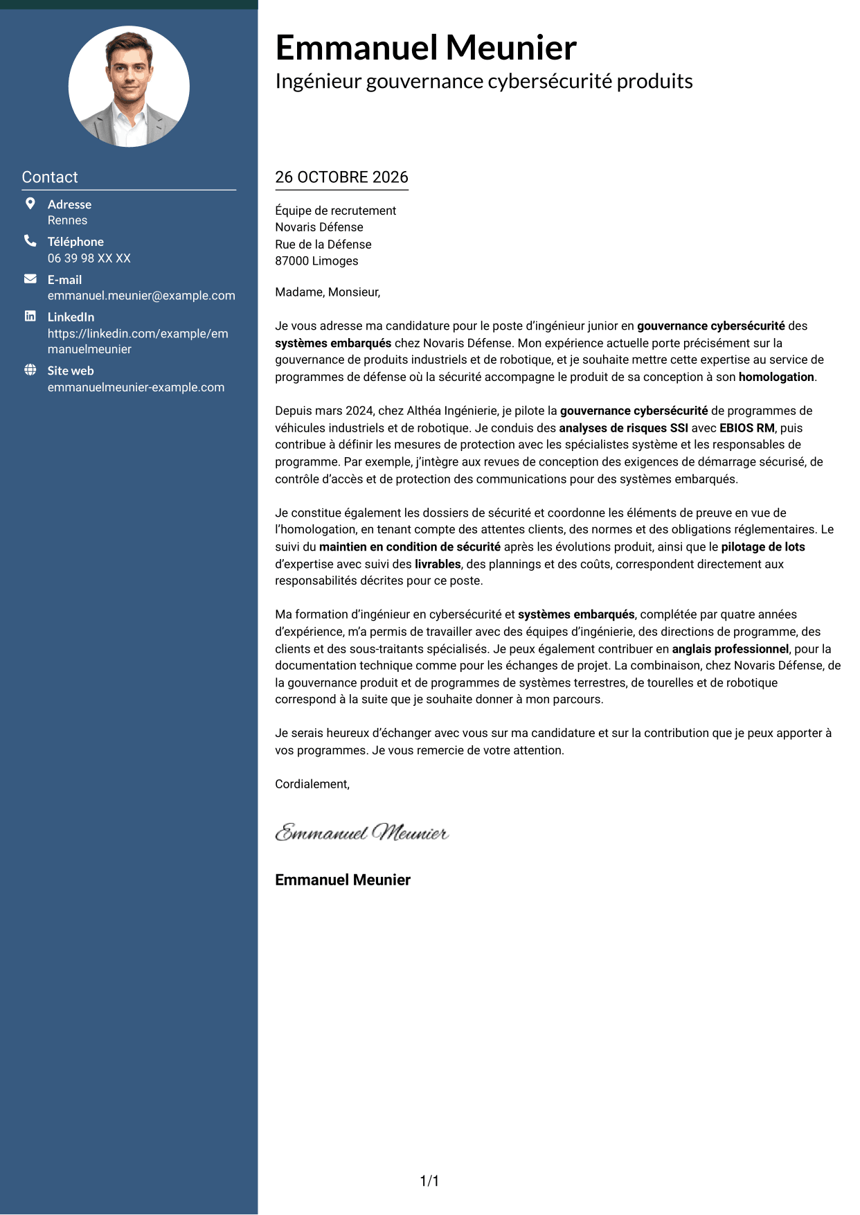 Lettre de motivation Élégant (format à colonne latérale colorée avec photo) : Ingénieur junior en gouvernance cybersécurité - Systèmes embarqués, page 1