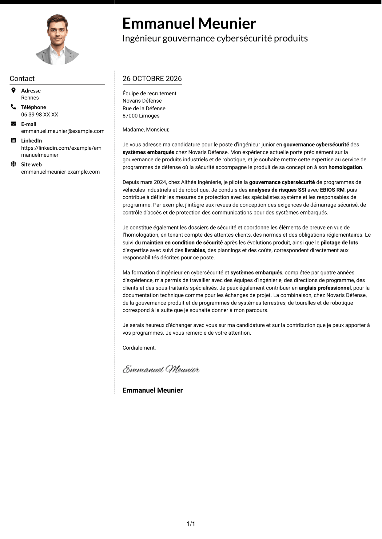Lettre de motivation Moderne (format à deux colonnes avec photo à gauche et séparateur) : Ingénieur junior en gouvernance cybersécurité - Systèmes embarqués, page 1