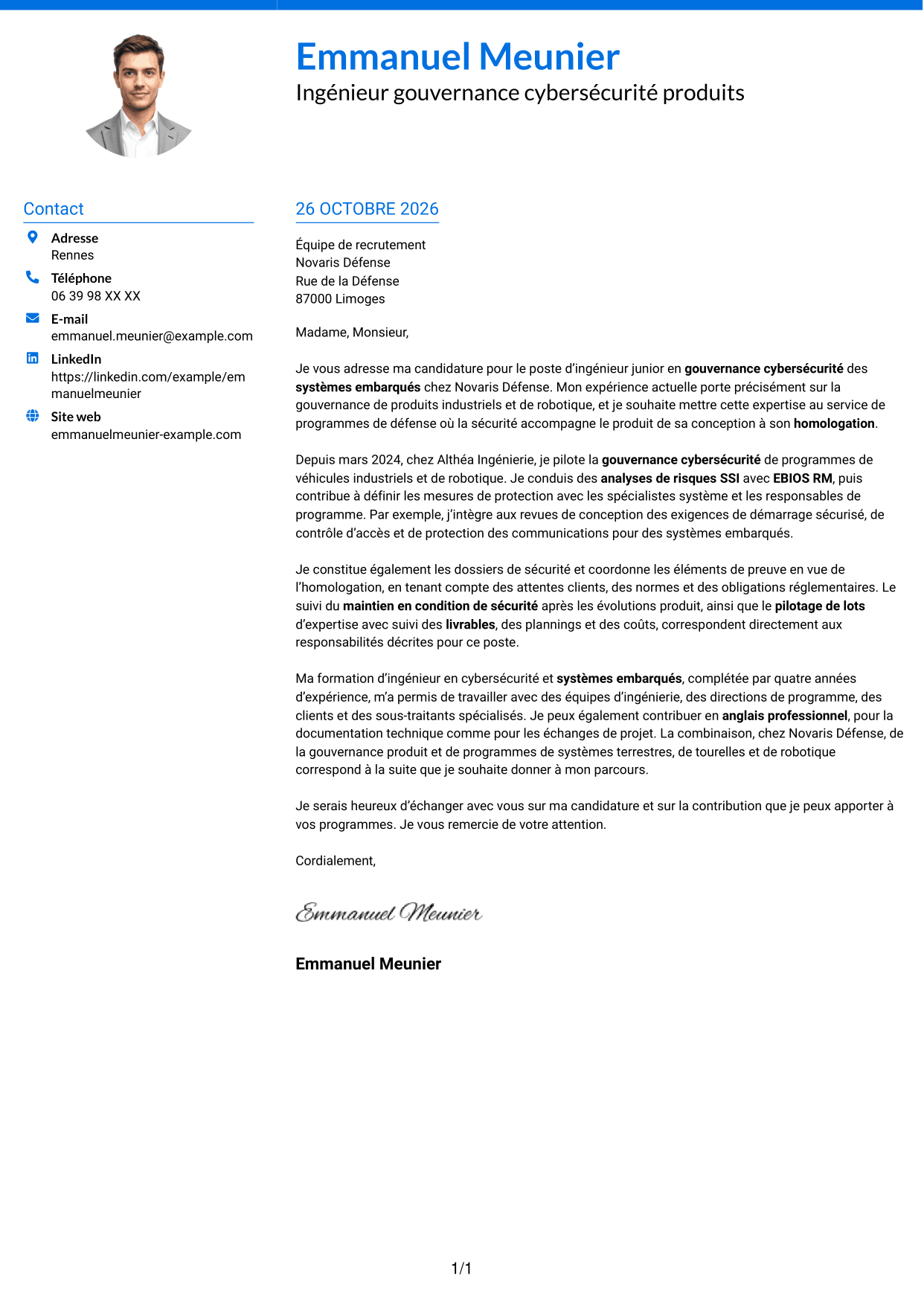 Lettre de motivation Audacieux (format à deux colonnes avec accents colorés et photo) : Ingénieur junior en gouvernance cybersécurité - Systèmes embarqués, page 1