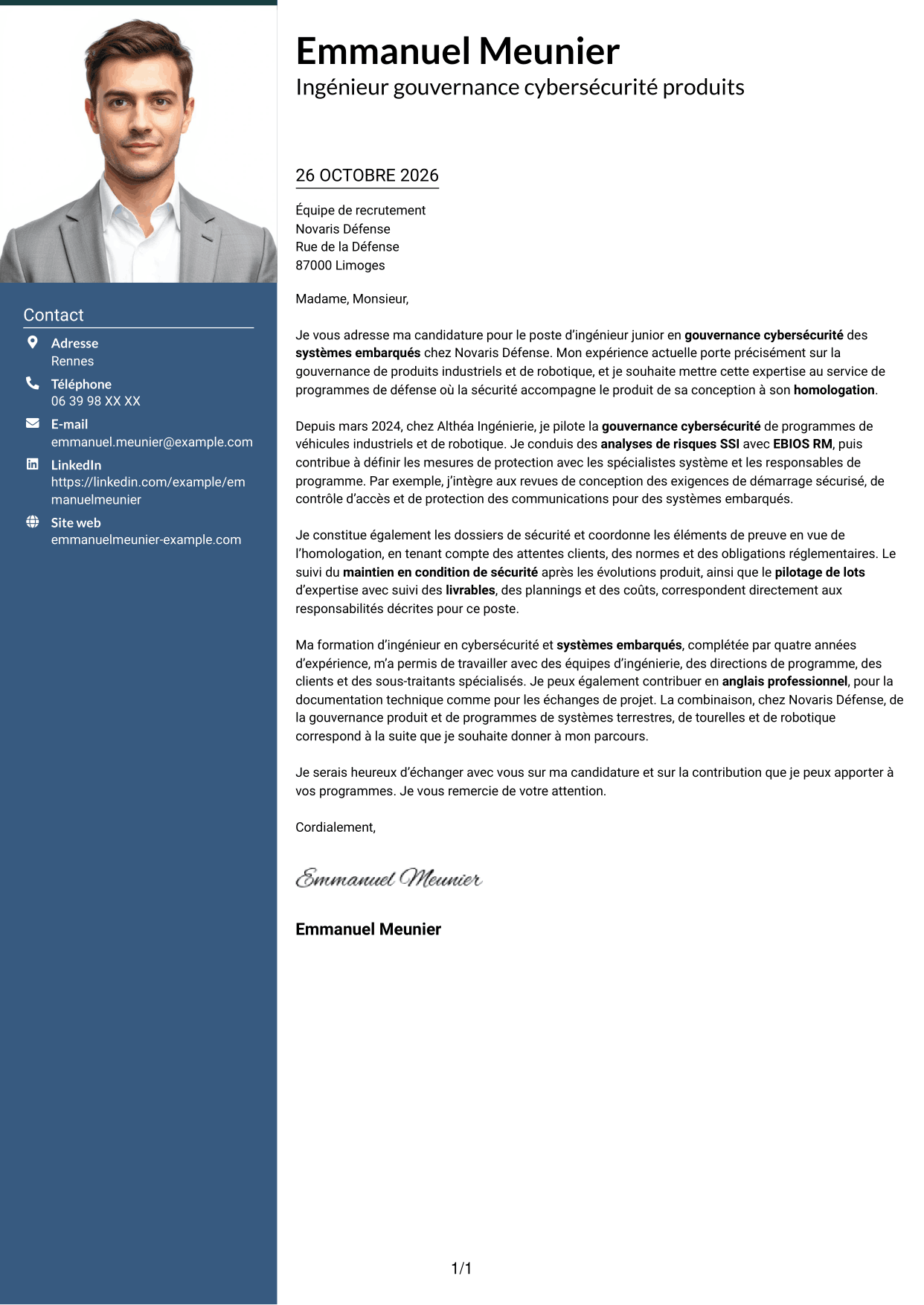 Lettre de motivation Signature (format à colonne latérale colorée avec grande photo) : Ingénieur junior en gouvernance cybersécurité - Systèmes embarqués, page 1