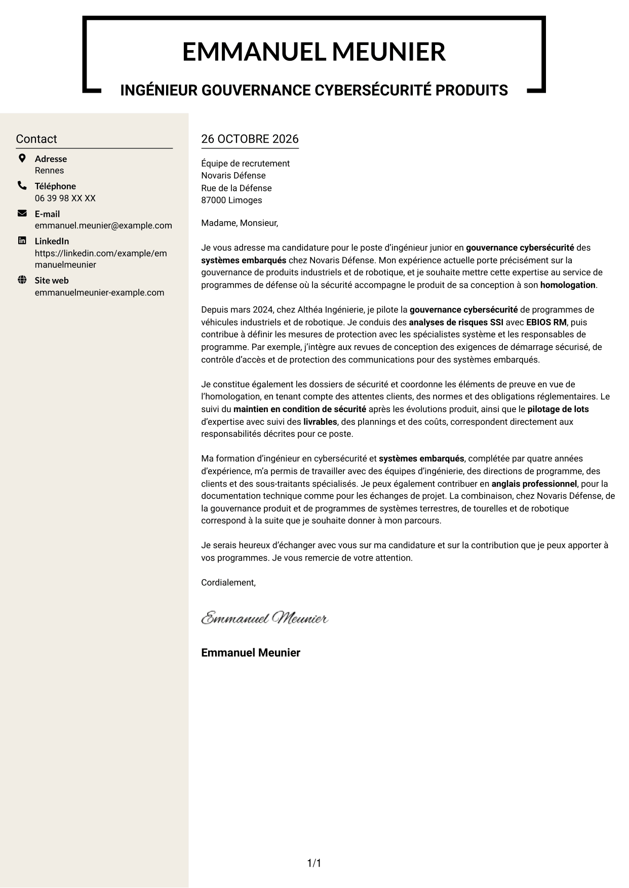 Lettre de motivation Fonceur (format à deux colonnes avec en-tête centré sans photo) : Ingénieur junior en gouvernance cybersécurité - Systèmes embarqués, page 1