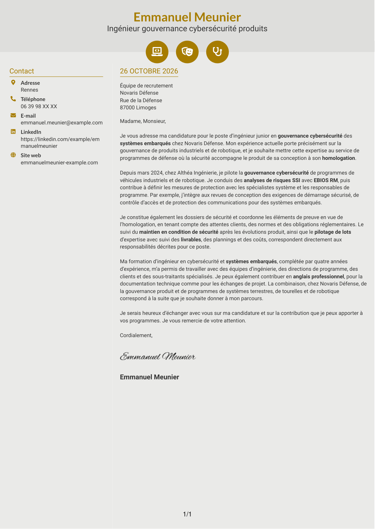 Lettre de motivation Dynamique (format à deux colonnes avec icônes) : Ingénieur junior en gouvernance cybersécurité - Systèmes embarqués, page 1
