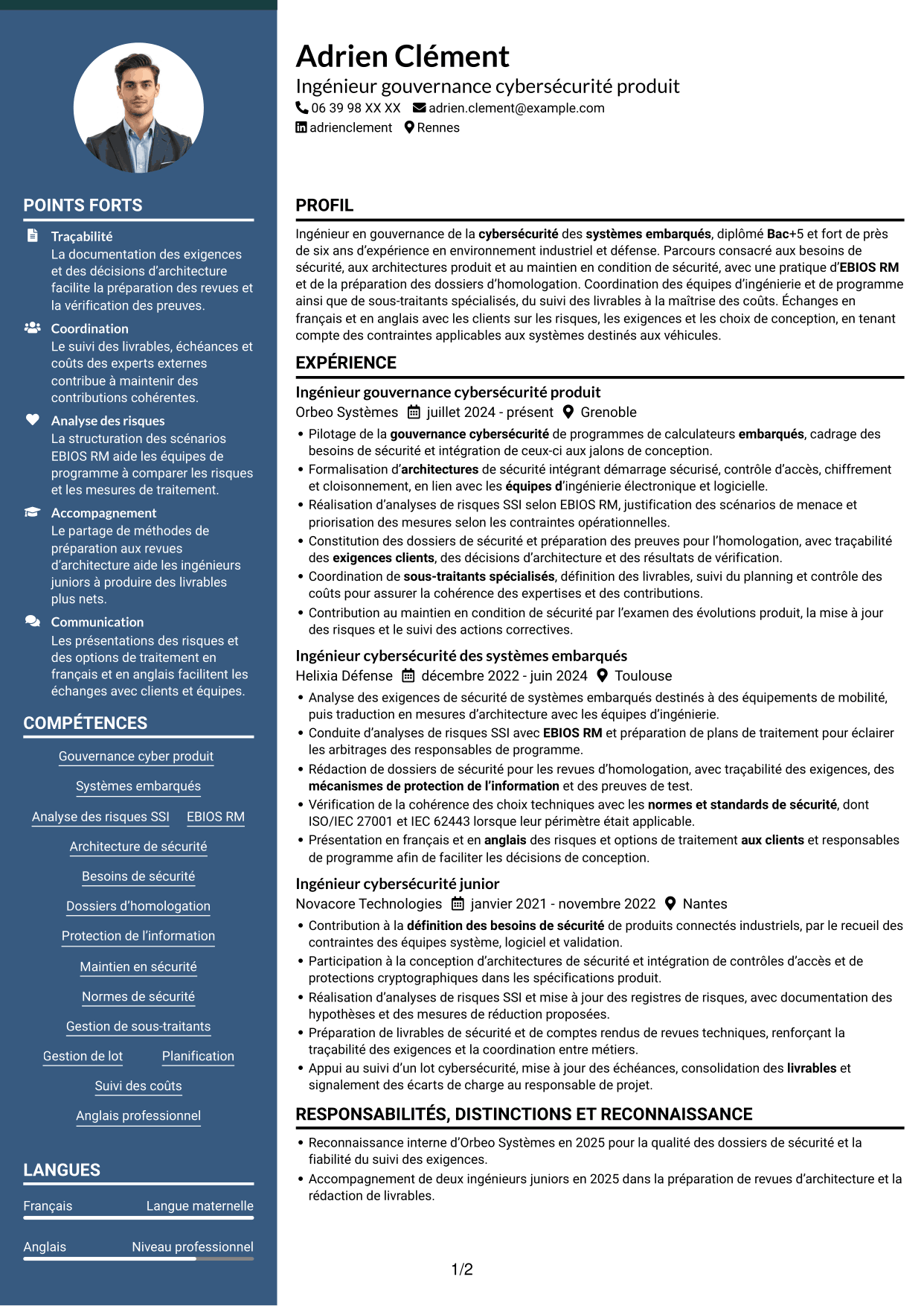 CV Élégant (format à colonne latérale colorée avec photo) : Ingénieur junior en gouvernance de la cybersécurité des systèmes embarqués, page 1