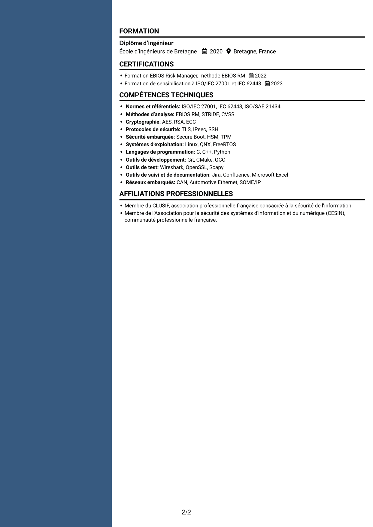 CV Élégant (format à colonne latérale colorée avec photo) : Ingénieur junior en gouvernance de la cybersécurité des systèmes embarqués, page 2
