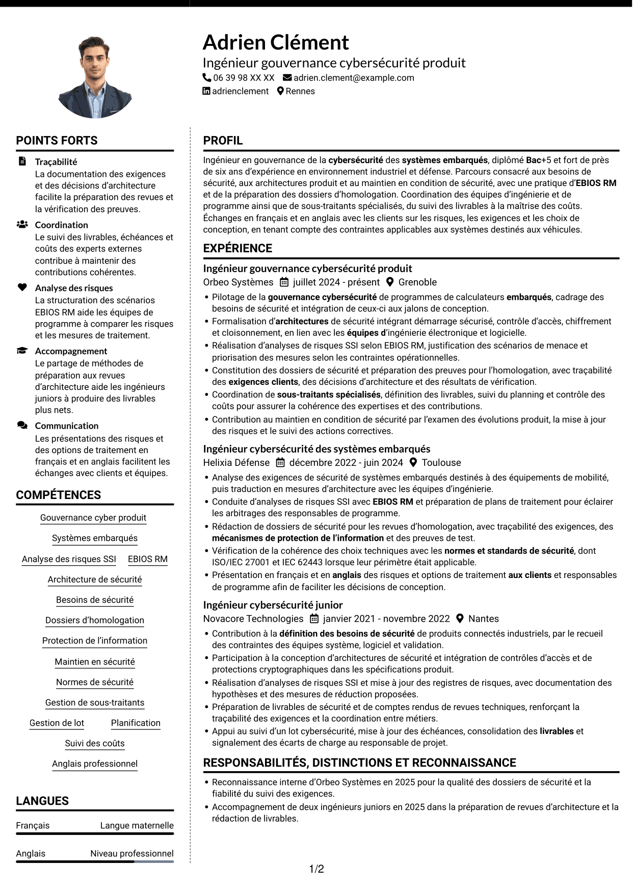CV Moderne (format à deux colonnes avec photo à gauche et séparateur) : Ingénieur junior en gouvernance de la cybersécurité des systèmes embarqués, page 1