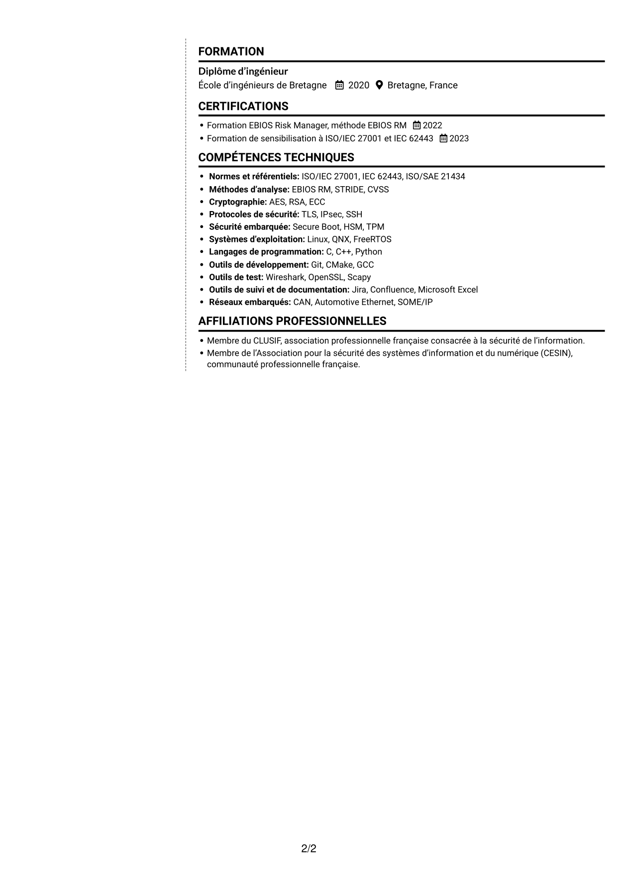 CV Moderne (format à deux colonnes avec photo à gauche et séparateur) : Ingénieur junior en gouvernance de la cybersécurité des systèmes embarqués, page 2