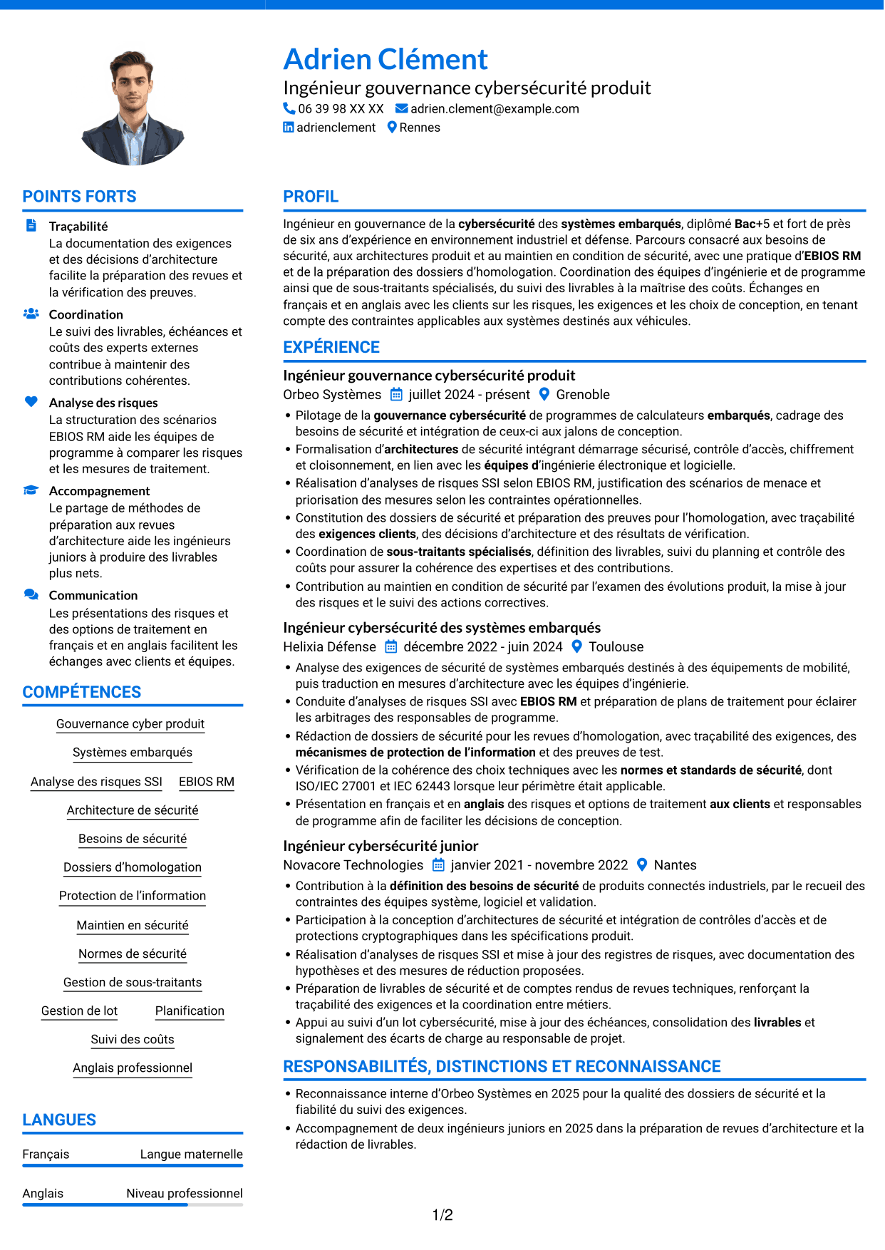 CV Audacieux (format à deux colonnes avec accents colorés et photo) : Ingénieur junior en gouvernance de la cybersécurité des systèmes embarqués, page 1