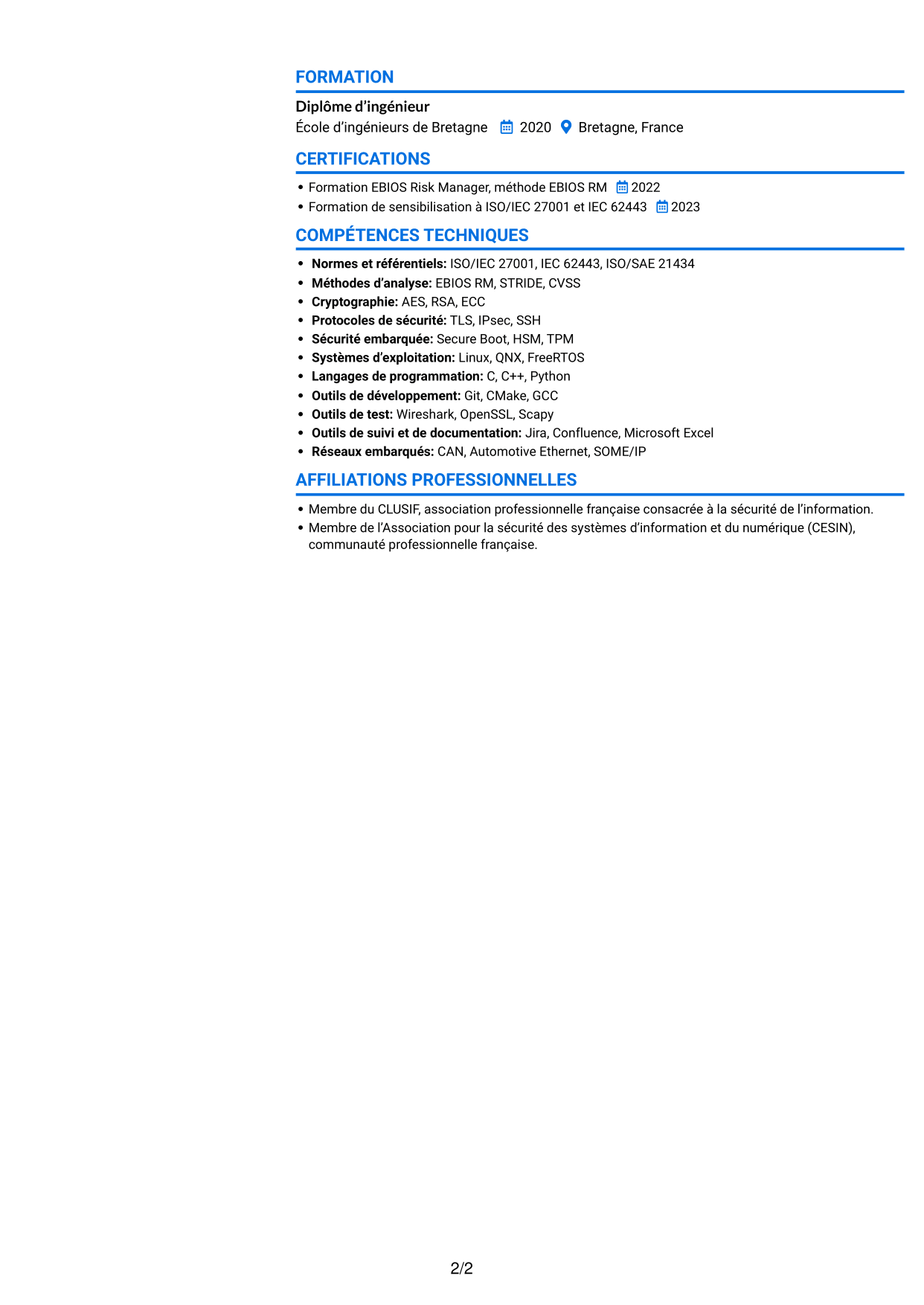 CV Audacieux (format à deux colonnes avec accents colorés et photo) : Ingénieur junior en gouvernance de la cybersécurité des systèmes embarqués, page 2