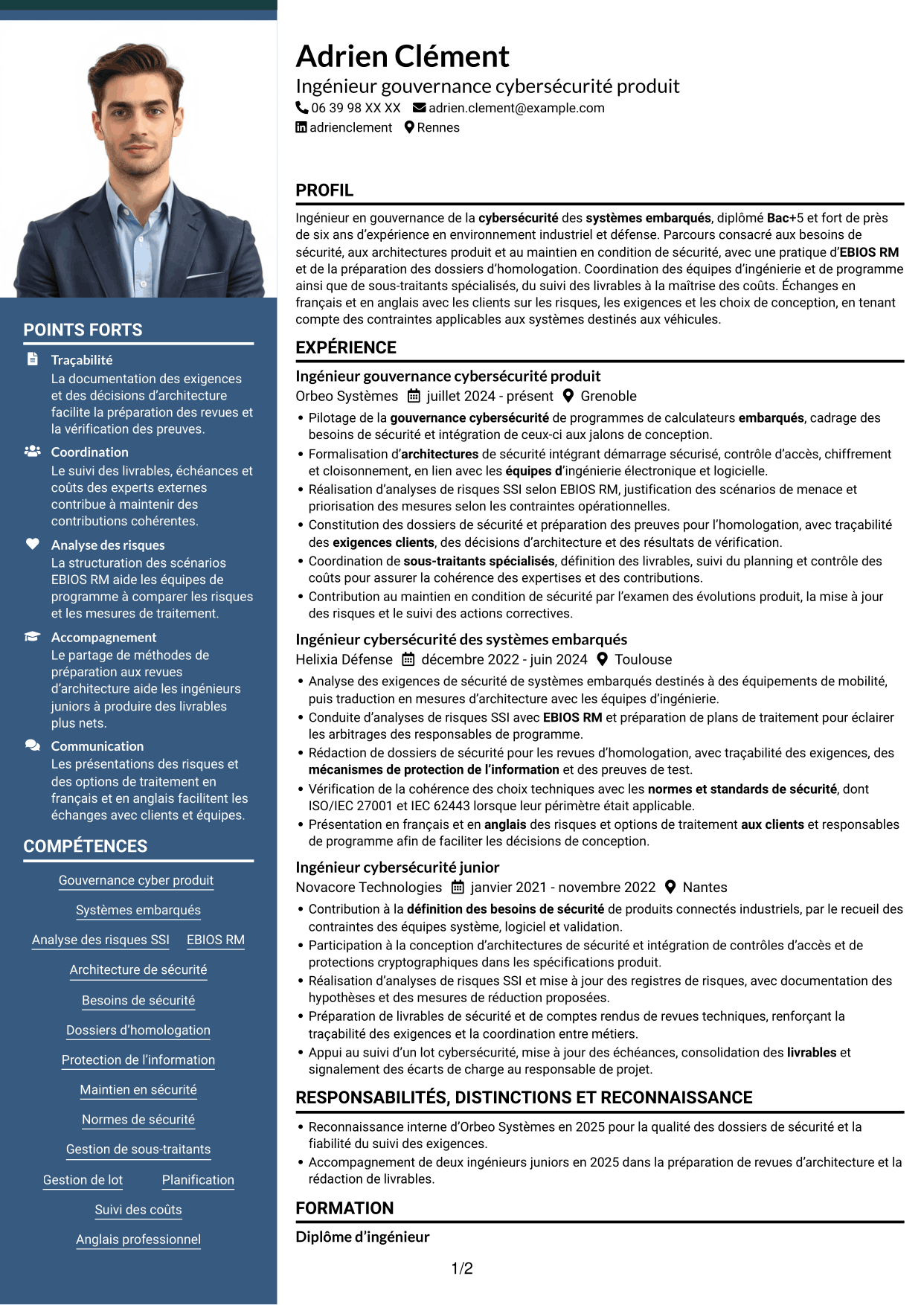 CV Signature (format à colonne latérale colorée avec grande photo) : Ingénieur junior en gouvernance de la cybersécurité des systèmes embarqués, page 1
