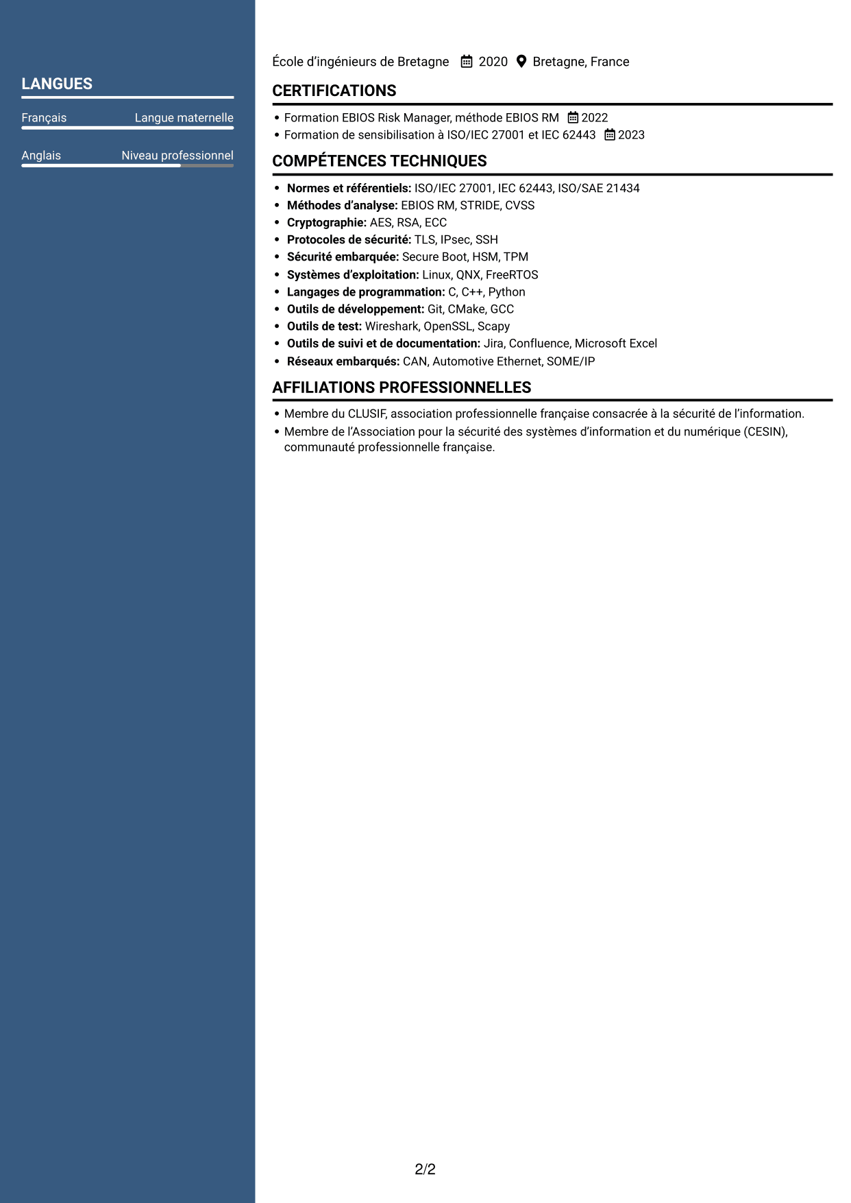 CV Signature (format à colonne latérale colorée avec grande photo) : Ingénieur junior en gouvernance de la cybersécurité des systèmes embarqués, page 2