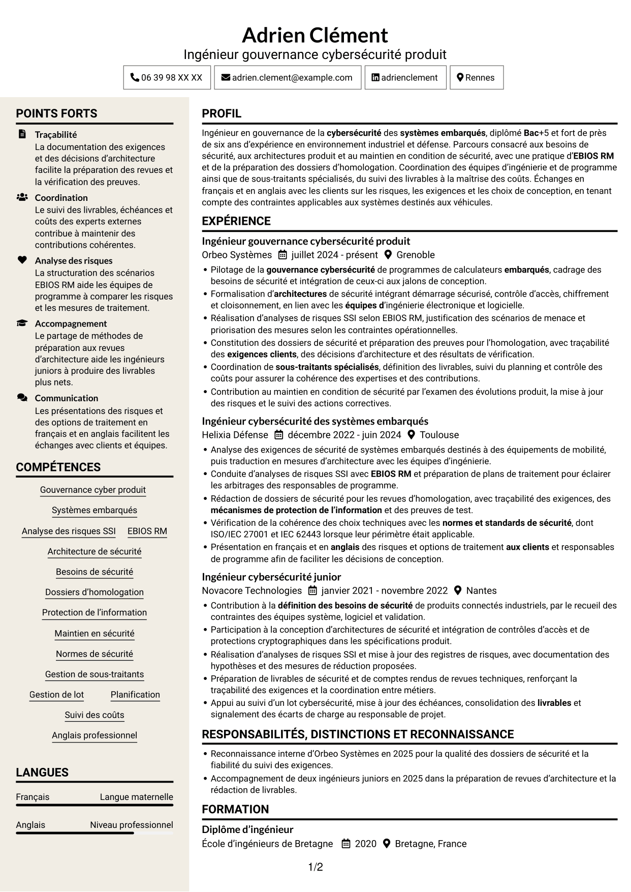CV Fonceur (format à deux colonnes avec en-tête centré sans photo) : Ingénieur junior en gouvernance de la cybersécurité des systèmes embarqués, page 1