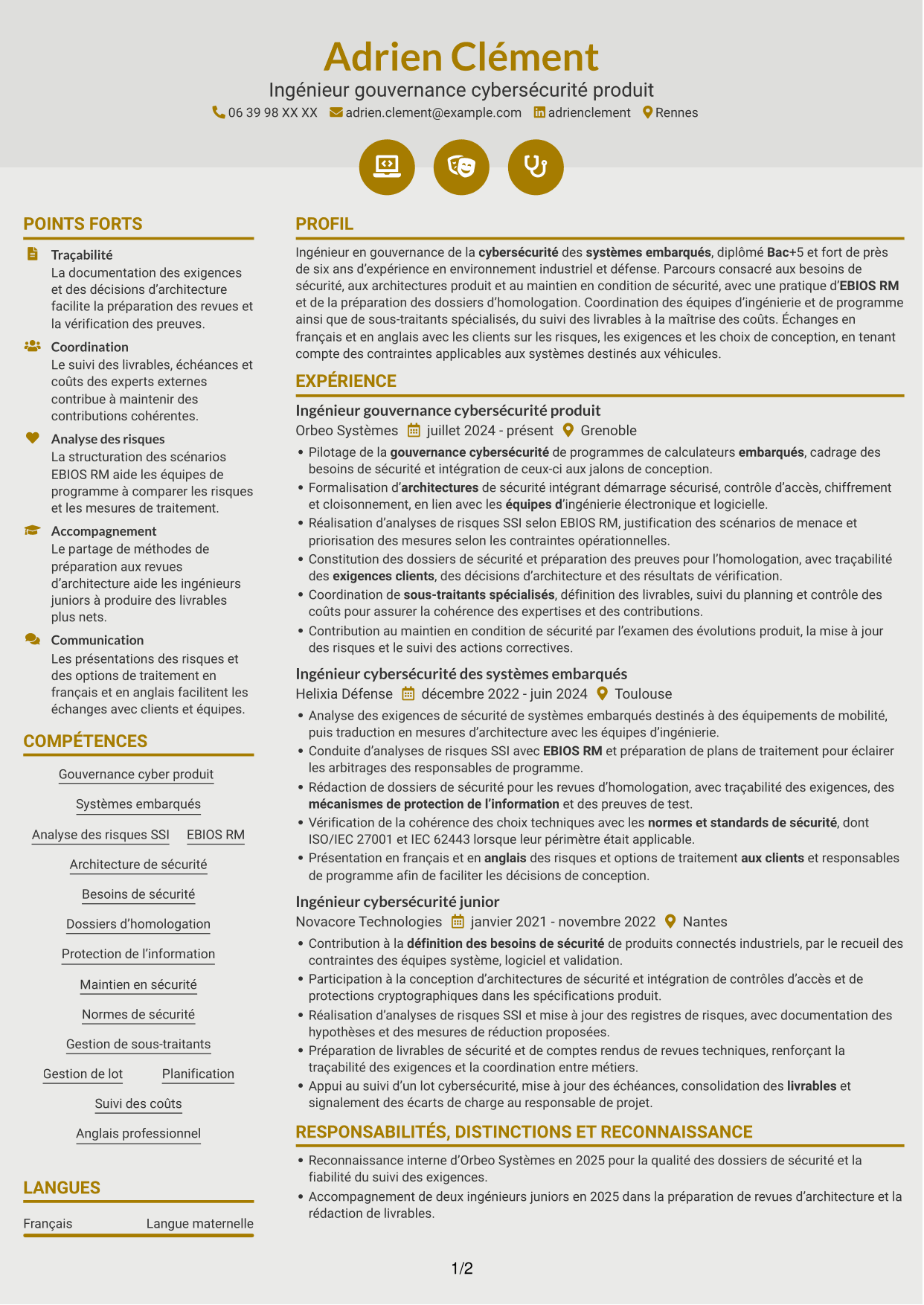 CV Dynamique (format à deux colonnes avec icônes) : Ingénieur junior en gouvernance de la cybersécurité des systèmes embarqués, page 1