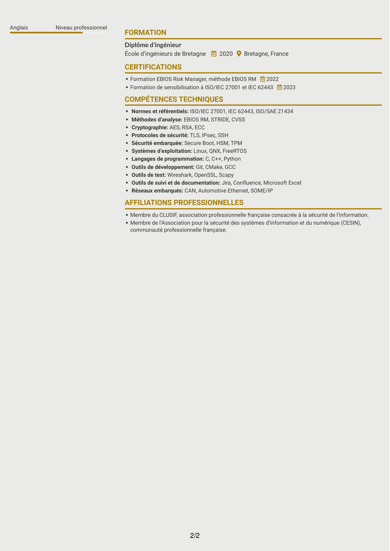 CV Dynamique (format à deux colonnes avec icônes) : Ingénieur junior en gouvernance de la cybersécurité des systèmes embarqués, page 2