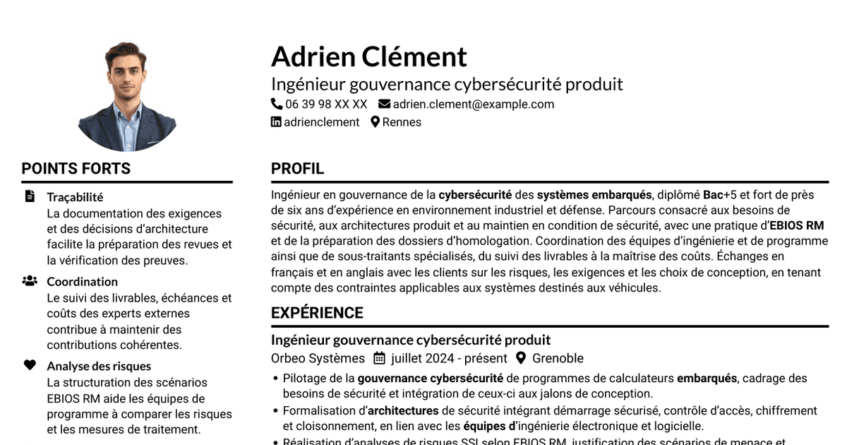 7 modèles de CV pour Ingénieur junior en gouvernance de la cybersécurité des systèmes embarqués, avec exemples