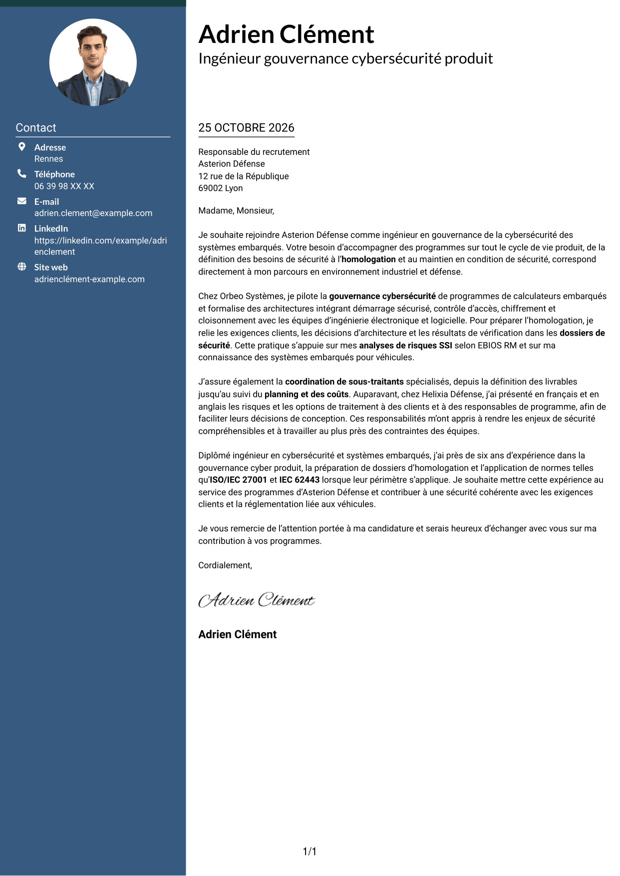 Lettre de motivation Élégant (format à colonne latérale colorée avec photo) : Ingénieur junior en gouvernance de la cybersécurité des systèmes embarqués, page 1