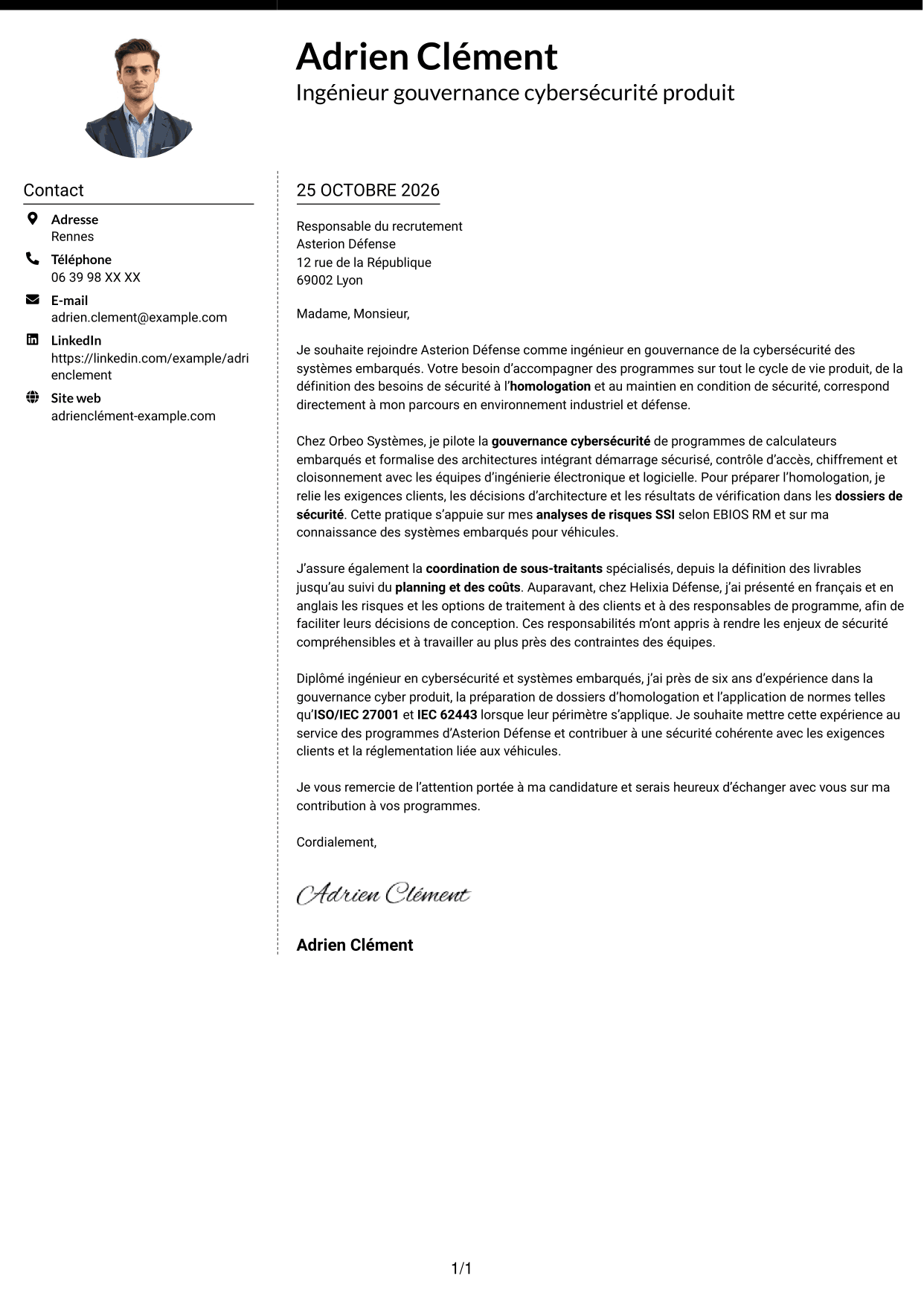 Lettre de motivation Moderne (format à deux colonnes avec photo à gauche et séparateur) : Ingénieur junior en gouvernance de la cybersécurité des systèmes embarqués, page 1