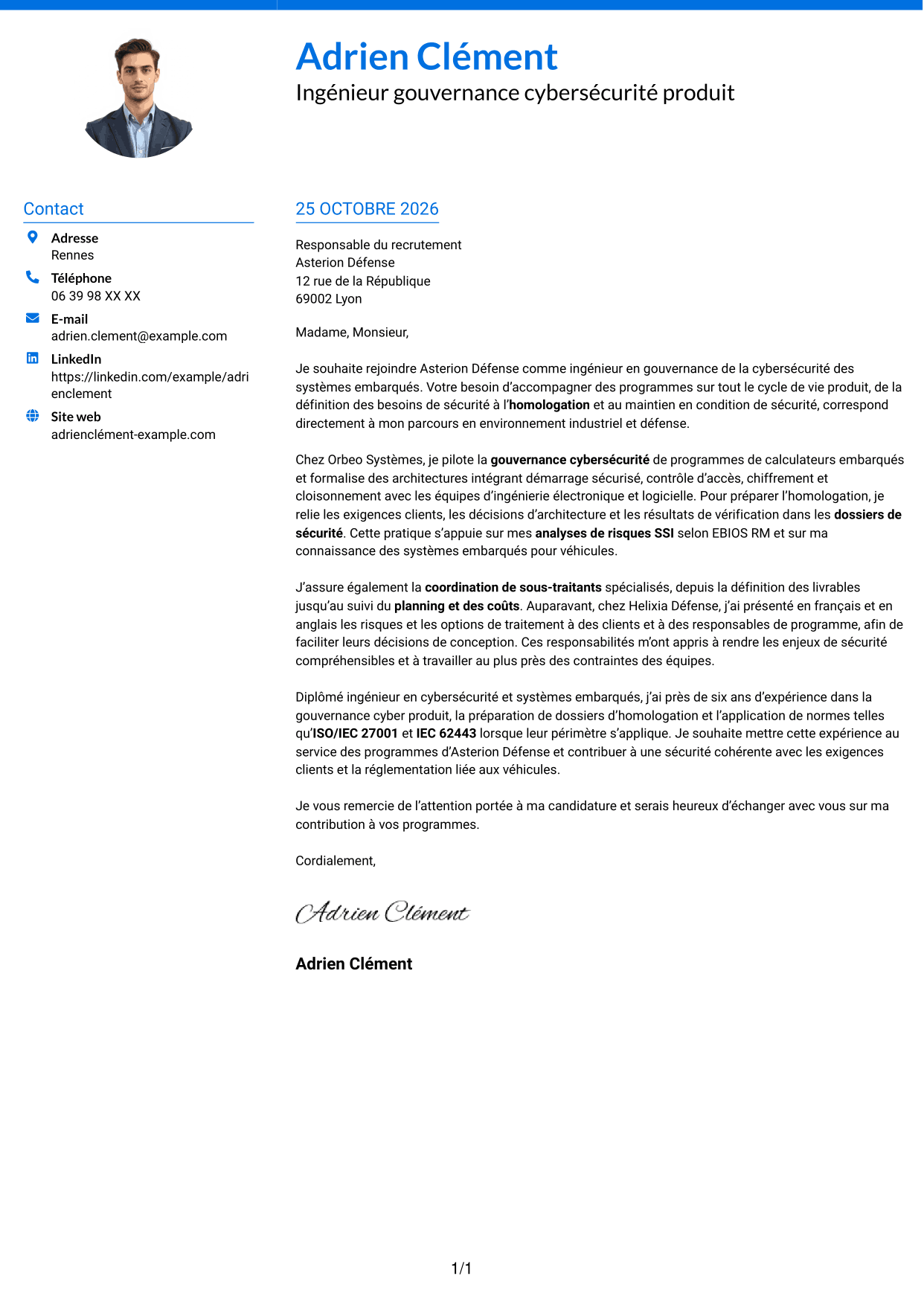 Lettre de motivation Audacieux (format à deux colonnes avec accents colorés et photo) : Ingénieur junior en gouvernance de la cybersécurité des systèmes embarqués, page 1