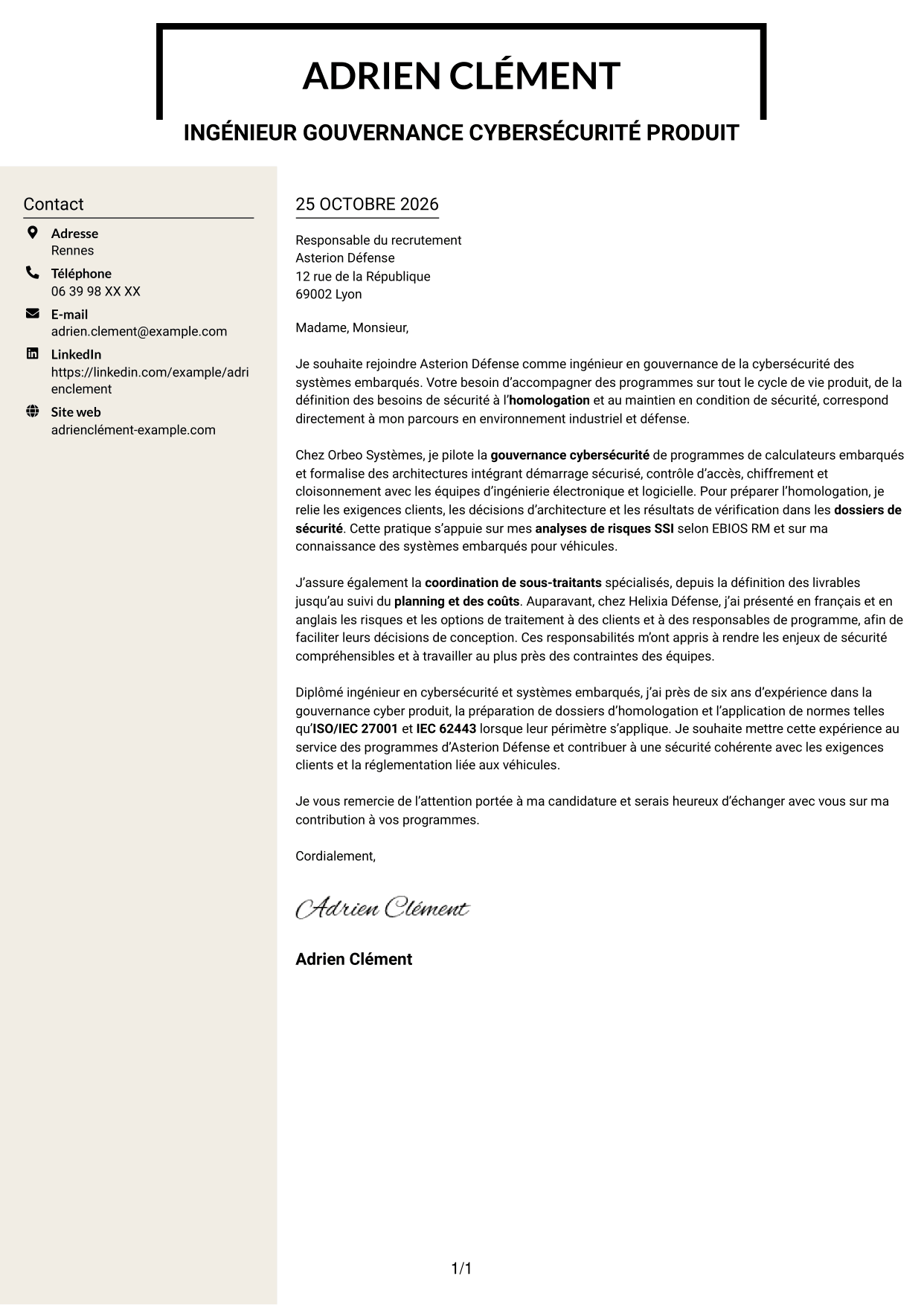 Lettre de motivation Fonceur (format à deux colonnes avec en-tête centré sans photo) : Ingénieur junior en gouvernance de la cybersécurité des systèmes embarqués, page 1