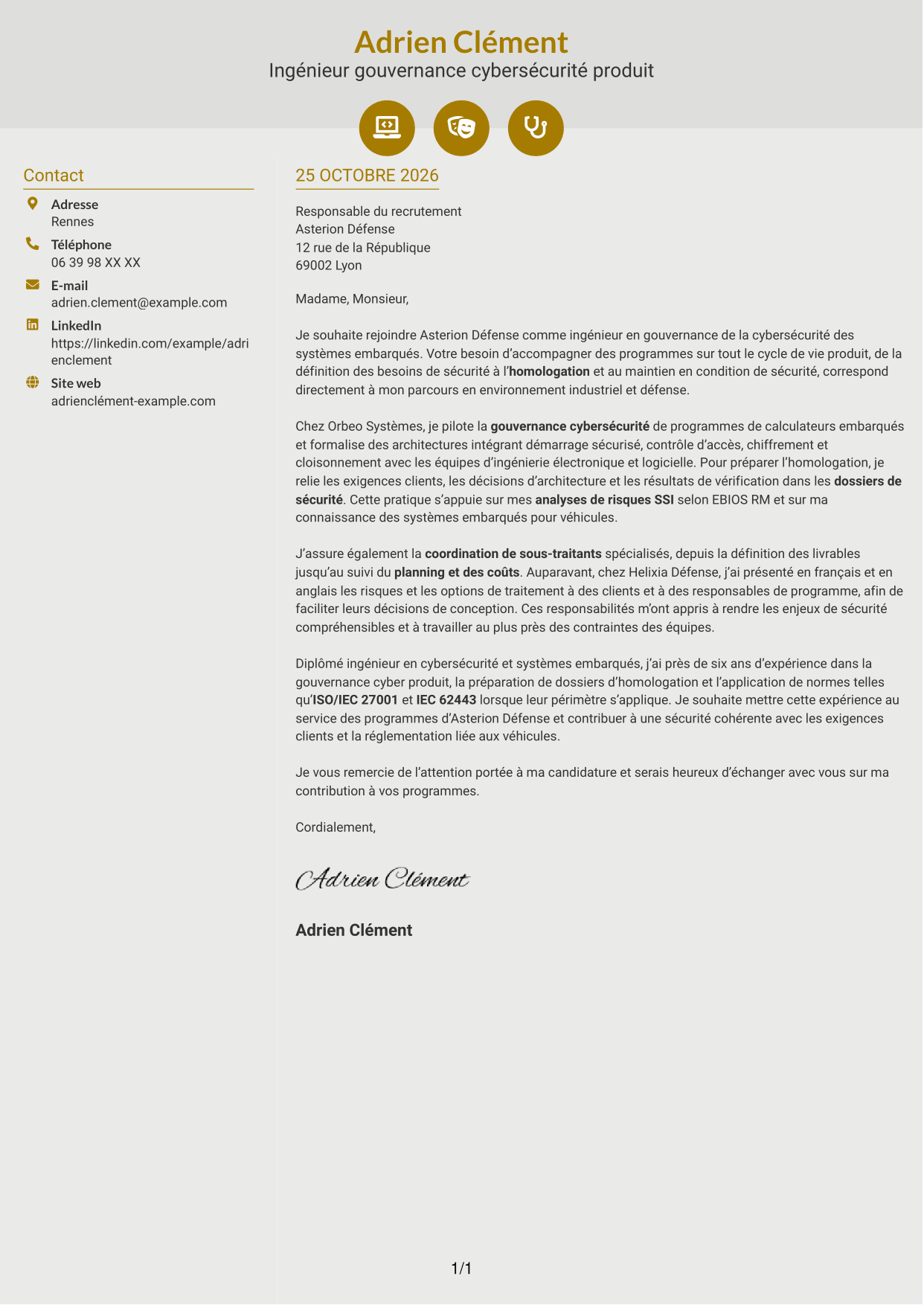 Lettre de motivation Dynamique (format à deux colonnes avec icônes) : Ingénieur junior en gouvernance de la cybersécurité des systèmes embarqués, page 1