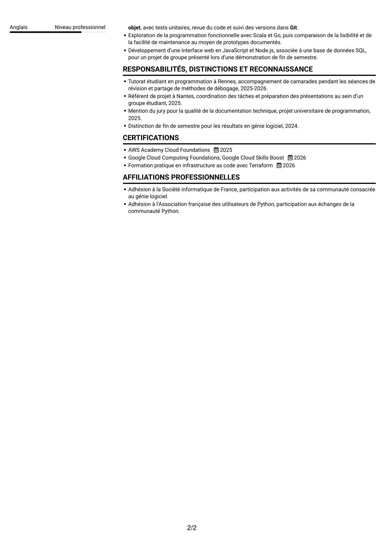 CV Compact (format sobre à deux colonnes avec photo) : Ingénieur logiciel - Cloud et DevOps, page 2