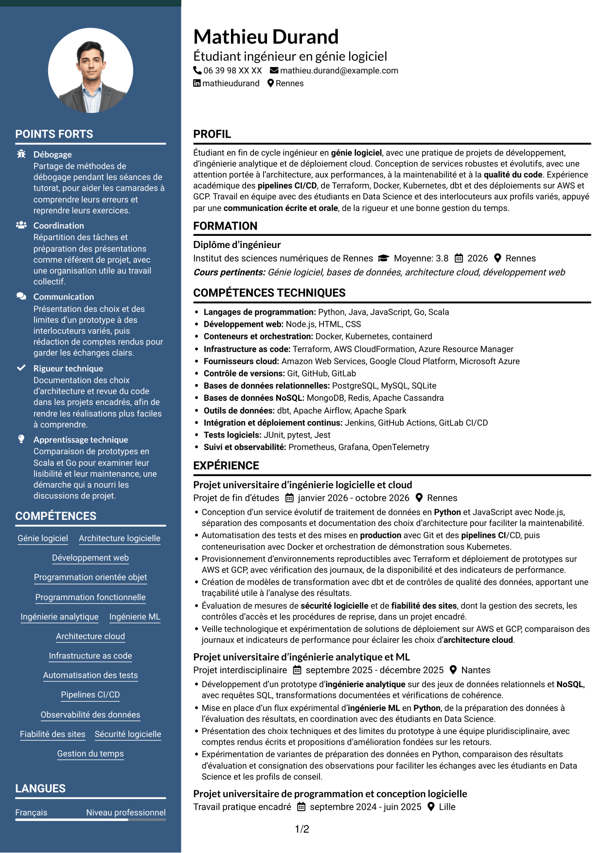 CV Élégant (format à colonne latérale colorée avec photo) : Ingénieur logiciel - Cloud et DevOps, page 1