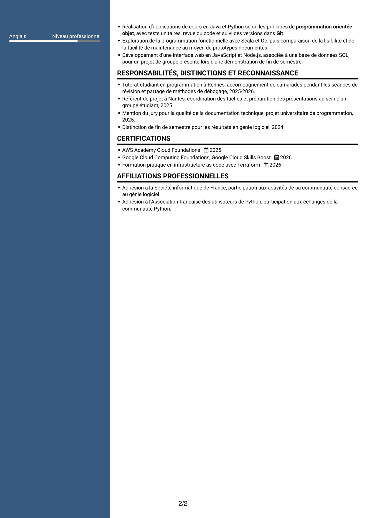 CV Élégant (format à colonne latérale colorée avec photo) : Ingénieur logiciel - Cloud et DevOps, page 2