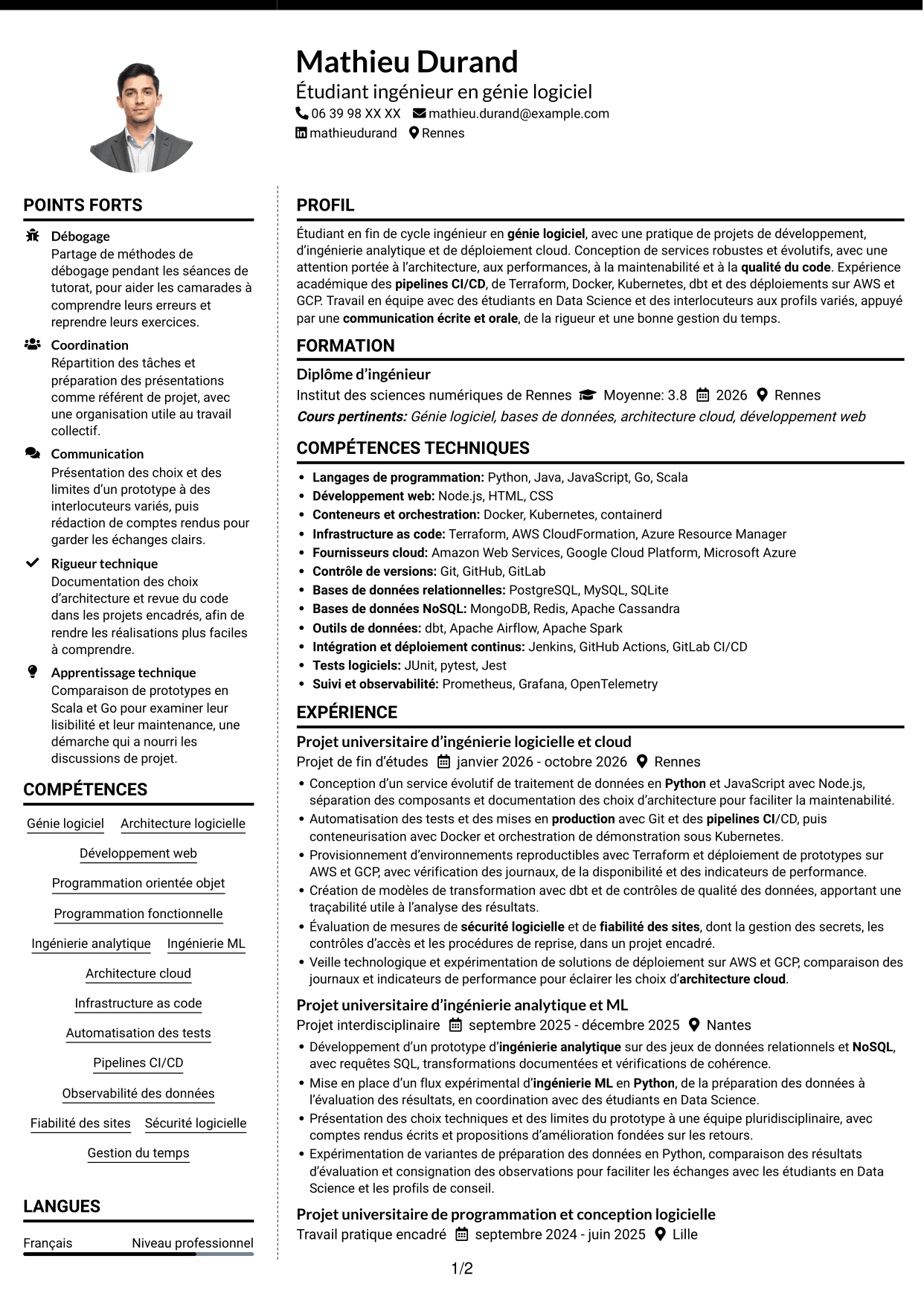 CV Moderne (format à deux colonnes avec photo à gauche et séparateur) : Ingénieur logiciel - Cloud et DevOps, page 1