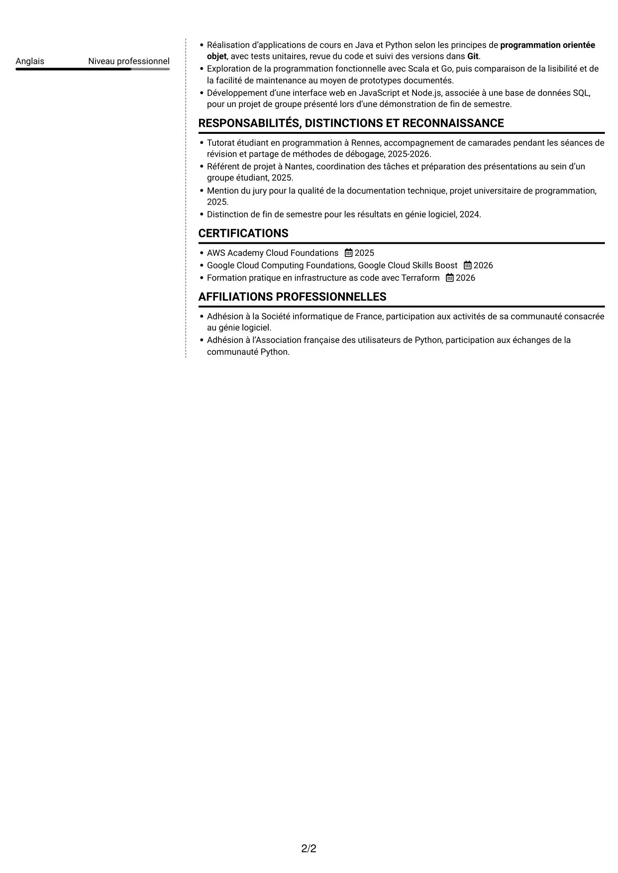 CV Moderne (format à deux colonnes avec photo à gauche et séparateur) : Ingénieur logiciel - Cloud et DevOps, page 2