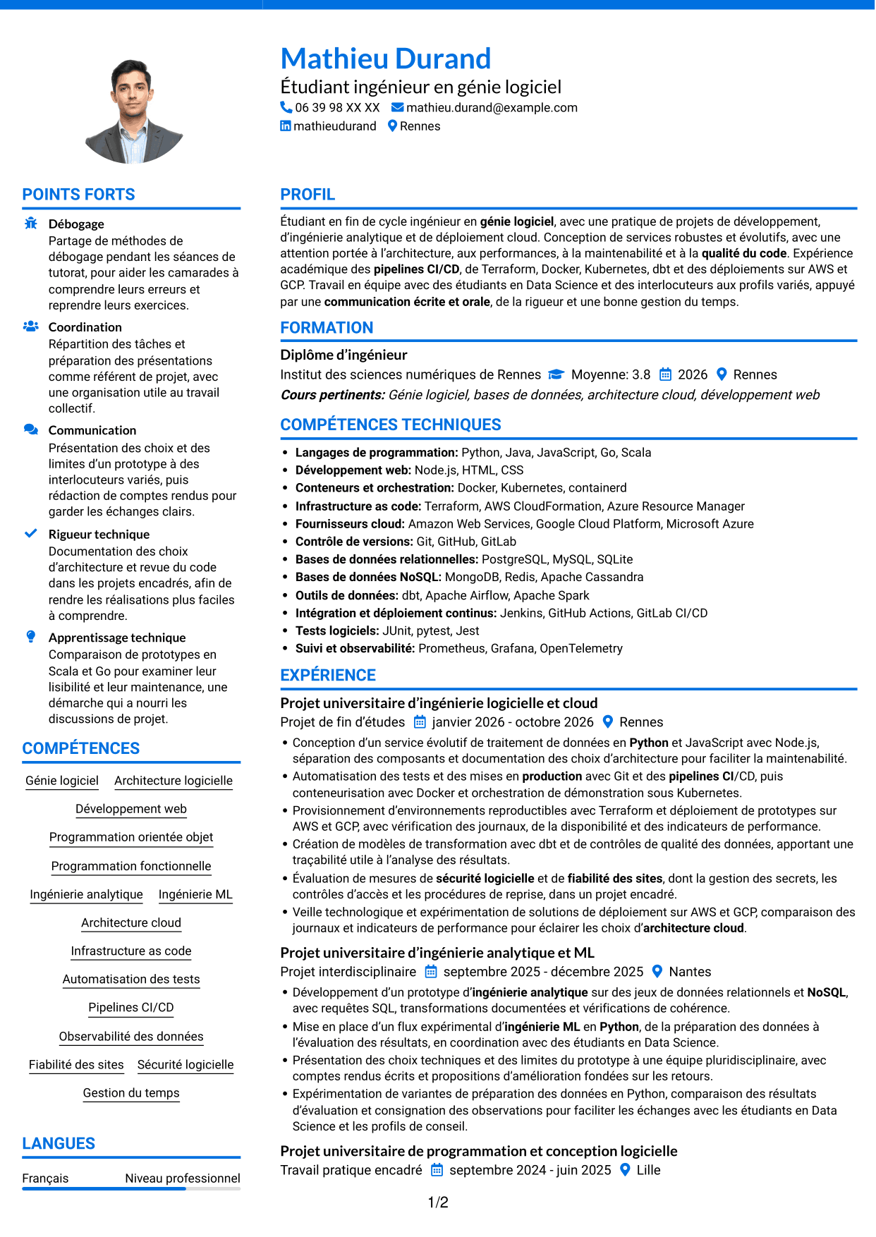 CV Audacieux (format à deux colonnes avec accents colorés et photo) : Ingénieur logiciel - Cloud et DevOps, page 1