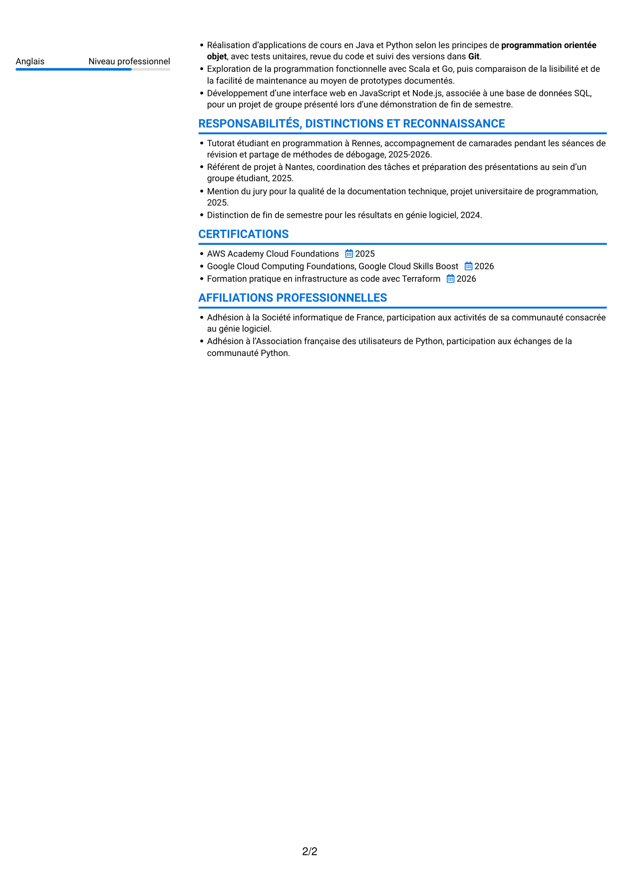 CV Audacieux (format à deux colonnes avec accents colorés et photo) : Ingénieur logiciel - Cloud et DevOps, page 2