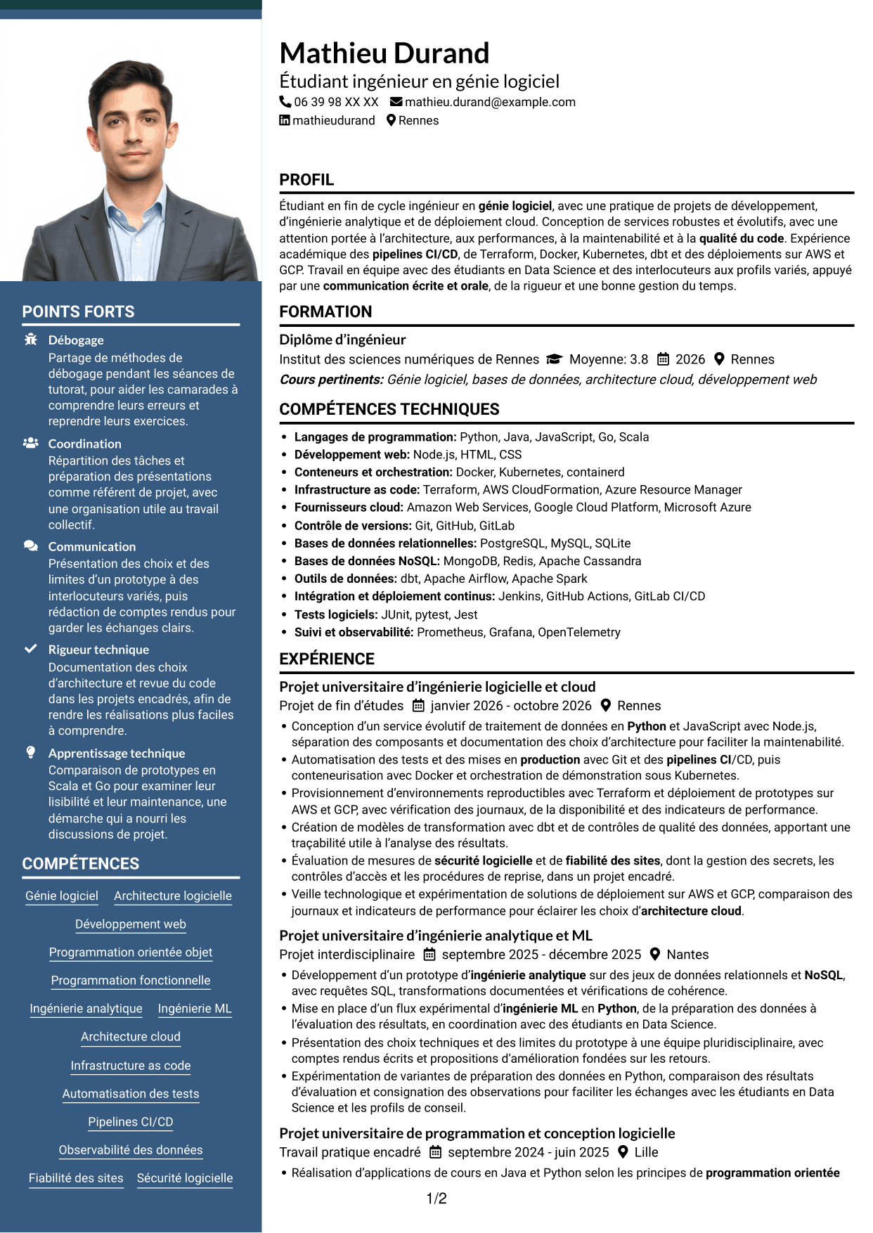 CV Signature (format à colonne latérale colorée avec grande photo) : Ingénieur logiciel - Cloud et DevOps, page 1