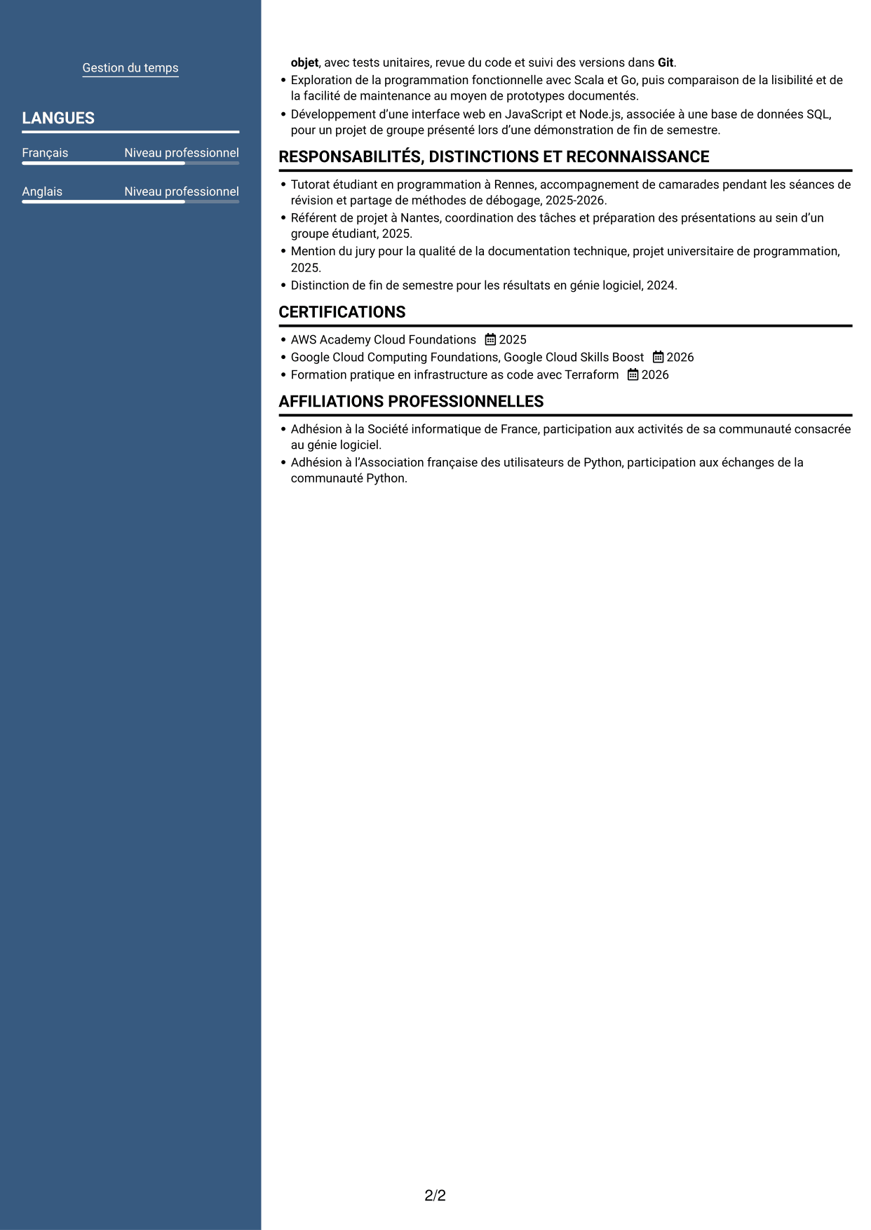 CV Signature (format à colonne latérale colorée avec grande photo) : Ingénieur logiciel - Cloud et DevOps, page 2