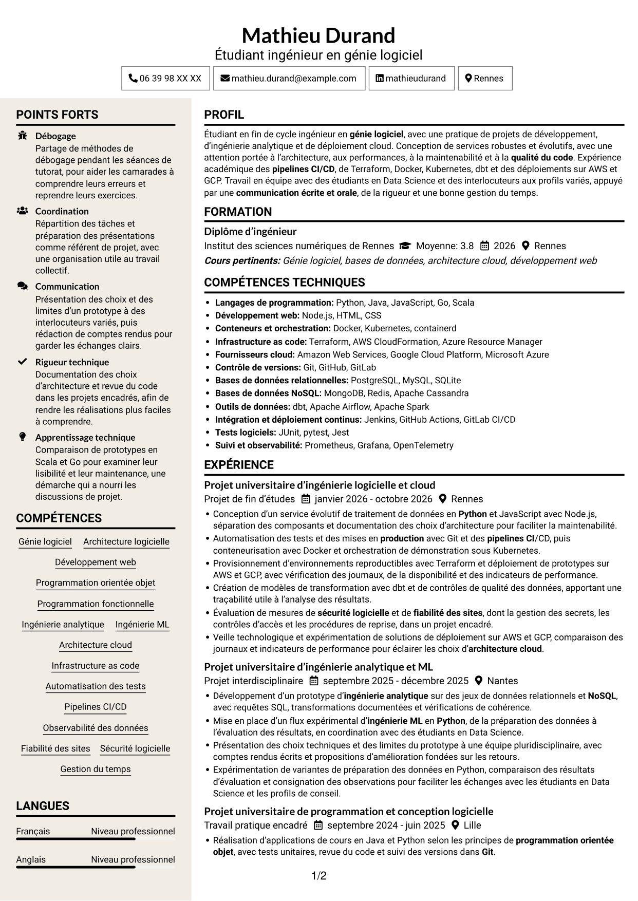 CV Fonceur (format à deux colonnes avec en-tête centré sans photo) : Ingénieur logiciel - Cloud et DevOps, page 1