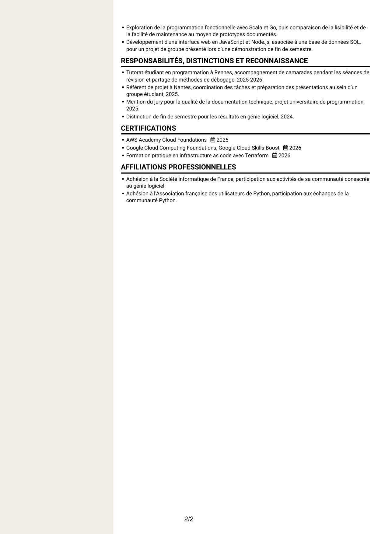 CV Fonceur (format à deux colonnes avec en-tête centré sans photo) : Ingénieur logiciel - Cloud et DevOps, page 2