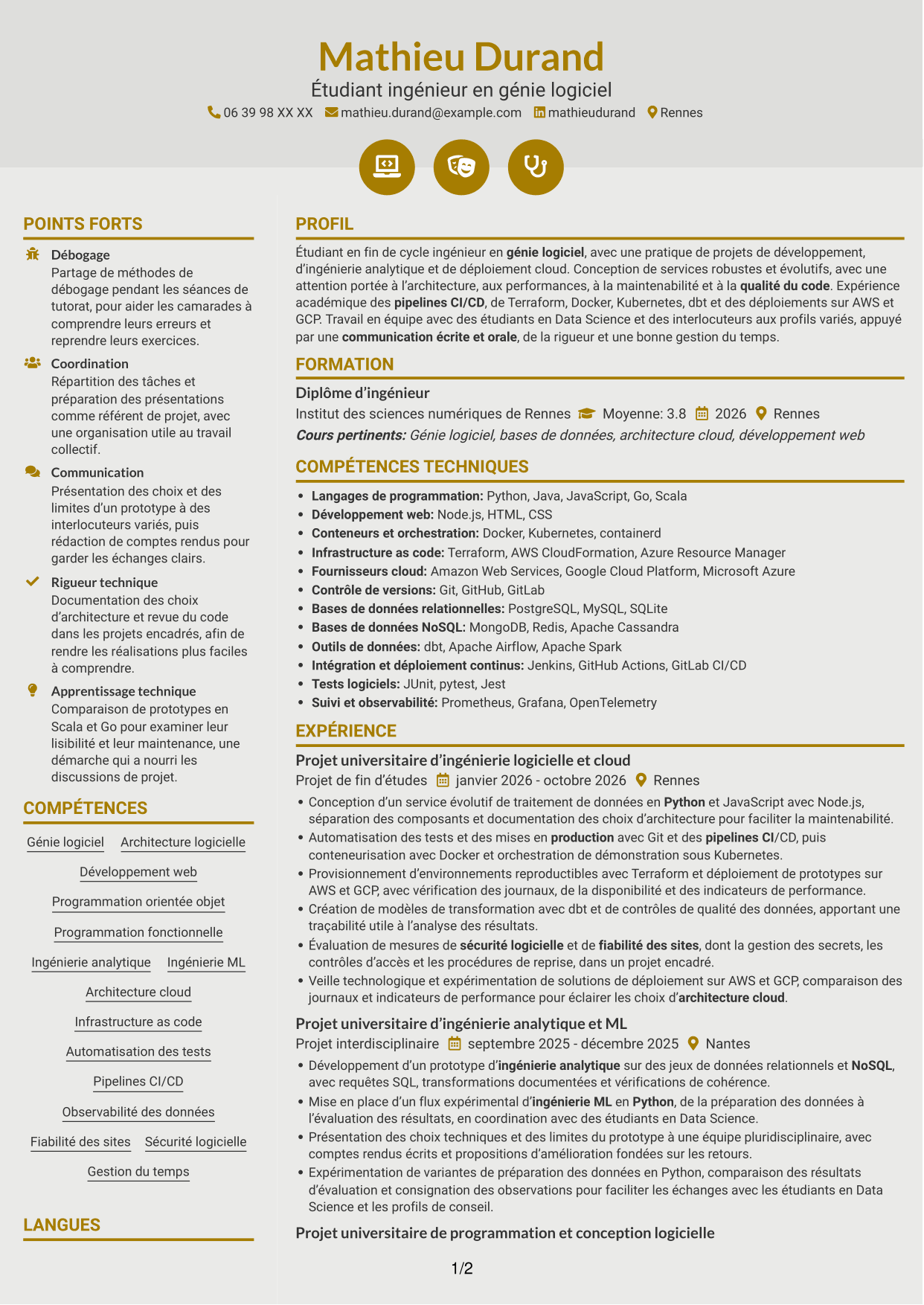 CV Dynamique (format à deux colonnes avec icônes) : Ingénieur logiciel - Cloud et DevOps, page 1