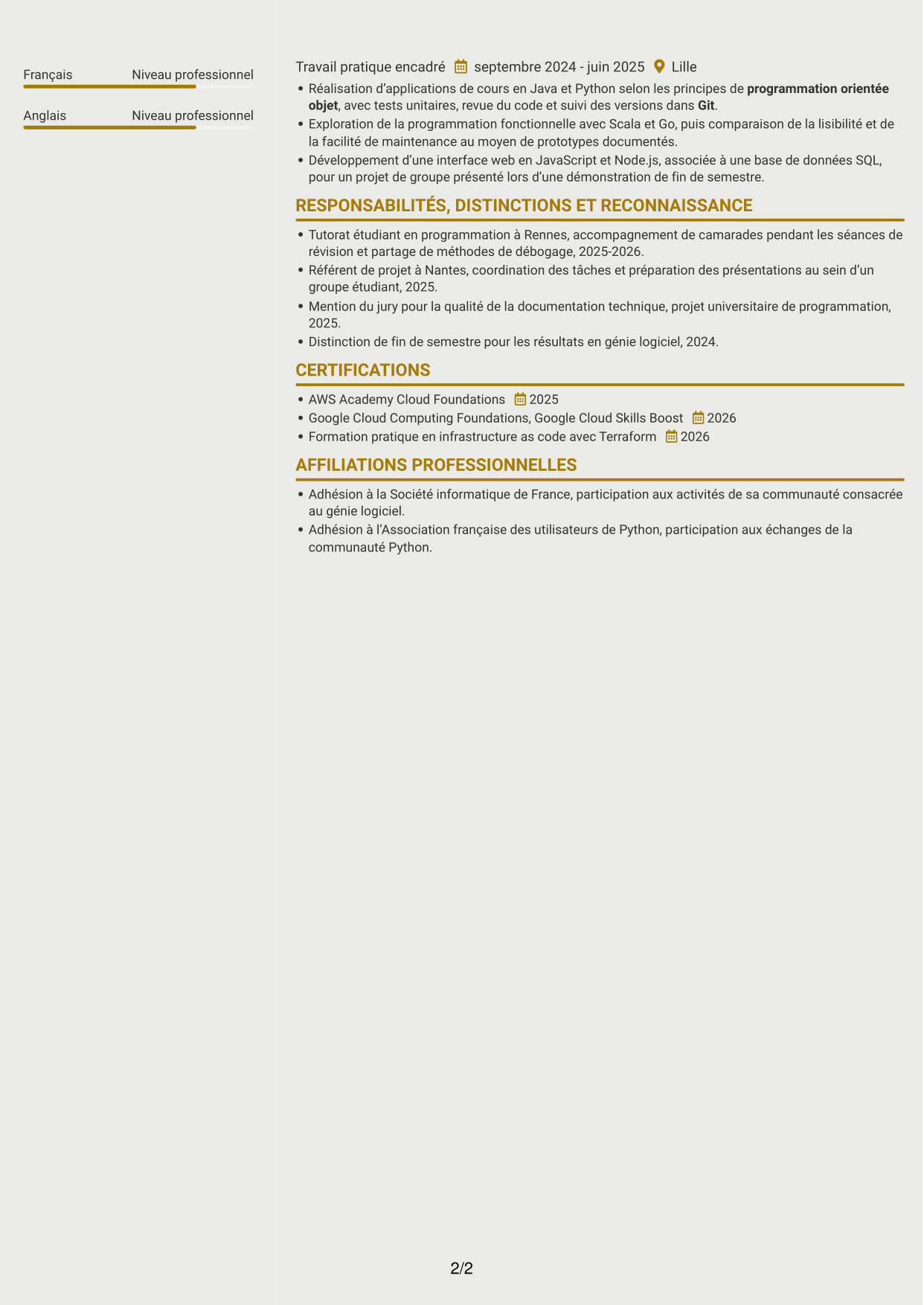 CV Dynamique (format à deux colonnes avec icônes) : Ingénieur logiciel - Cloud et DevOps, page 2