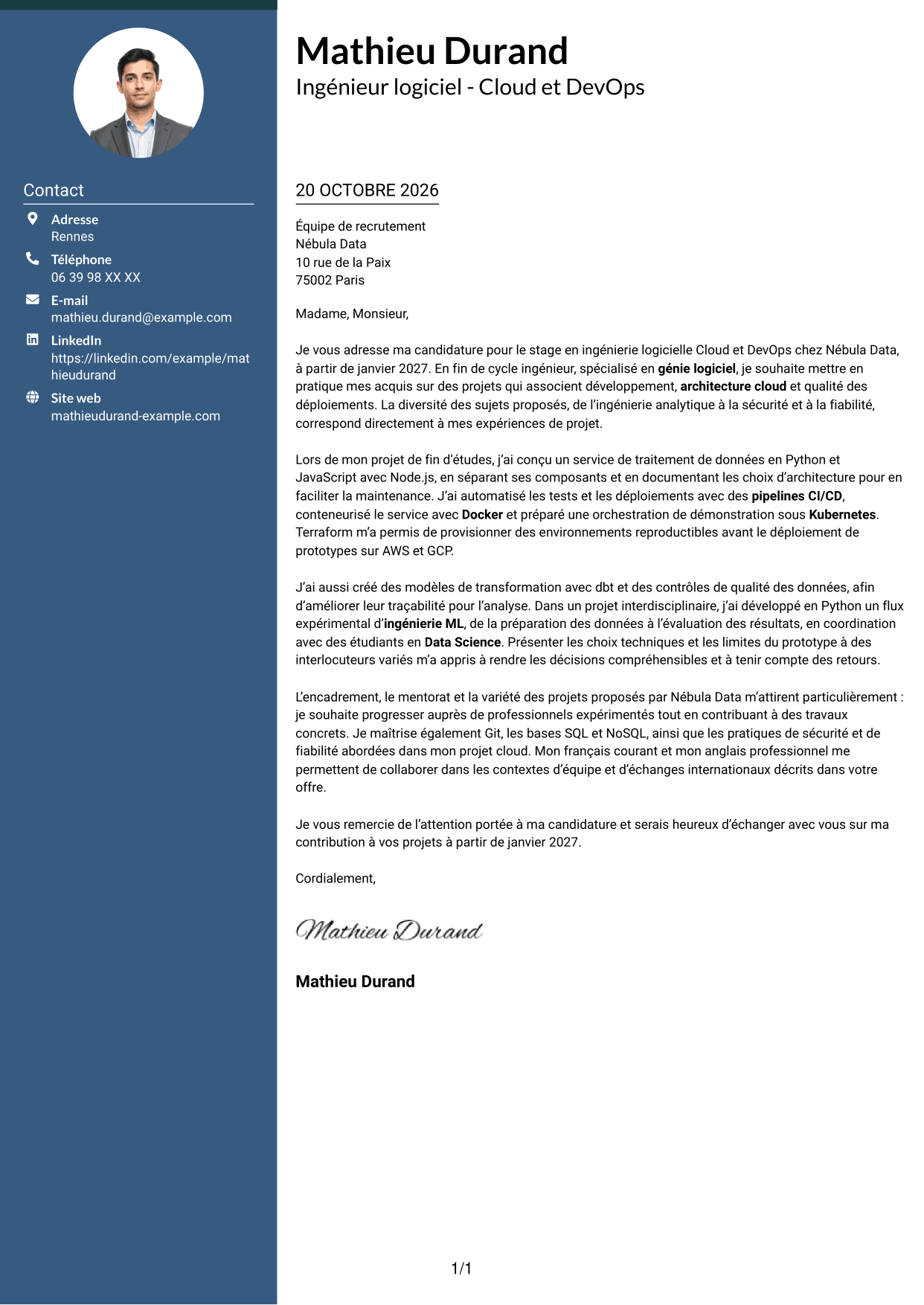 Lettre de motivation Élégant (format à colonne latérale colorée avec photo) : Ingénieur logiciel - Cloud et DevOps, page 1