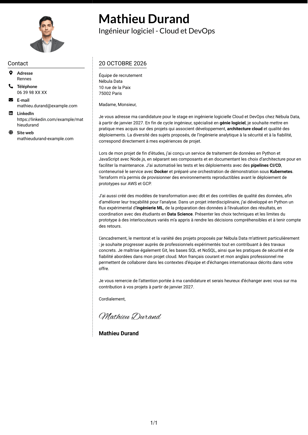 Lettre de motivation Moderne (format à deux colonnes avec photo à gauche et séparateur) : Ingénieur logiciel - Cloud et DevOps, page 1